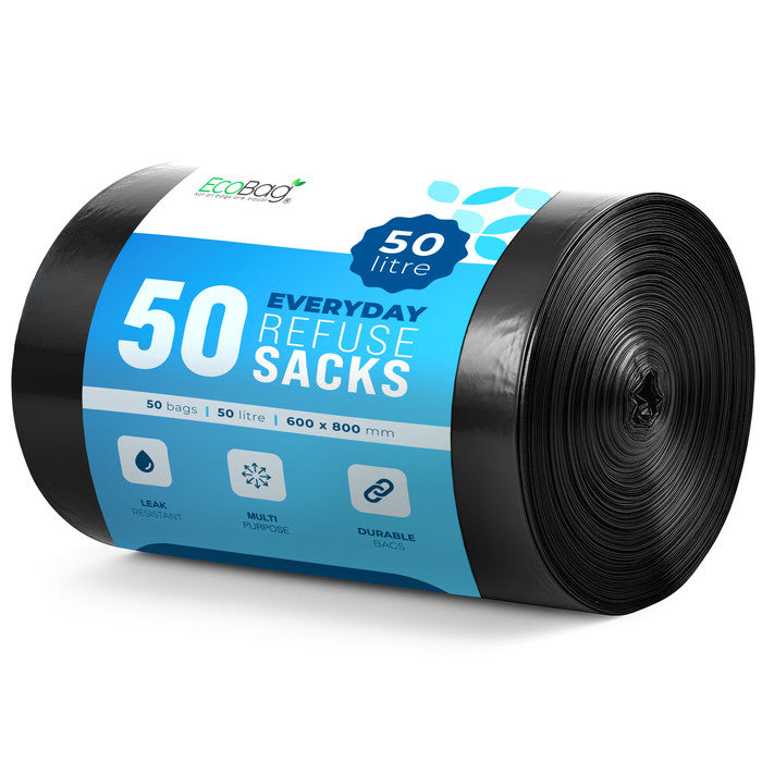 EcoBag - 50 Pack Extra Strong Heavy Duty Refuse Sacks - 50L - 30 Micron - Recyclable Bin Bags, Leak Resistant, Eco-Friendly, Durable Waste Disposal Bags for Household & Commercial Use