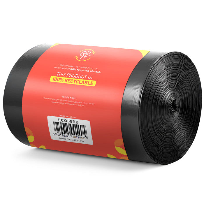 EcoBag - 50 Pack Extra Strong Heavy Duty Refuse Sacks - Recyclable Bin Bags, Leak Resistant, Eco-Friendly, Durable Waste Disposal Bags for Household & Commercial Use - 35 Micron - 100L