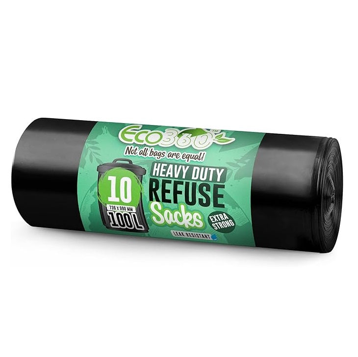 EcoBag - 10 Pack Extra Strong Heavy Duty Refuse Sacks - 100L - 35 Micron -  Recyclable, Leak Resistant, Eco-Friendly & Durable