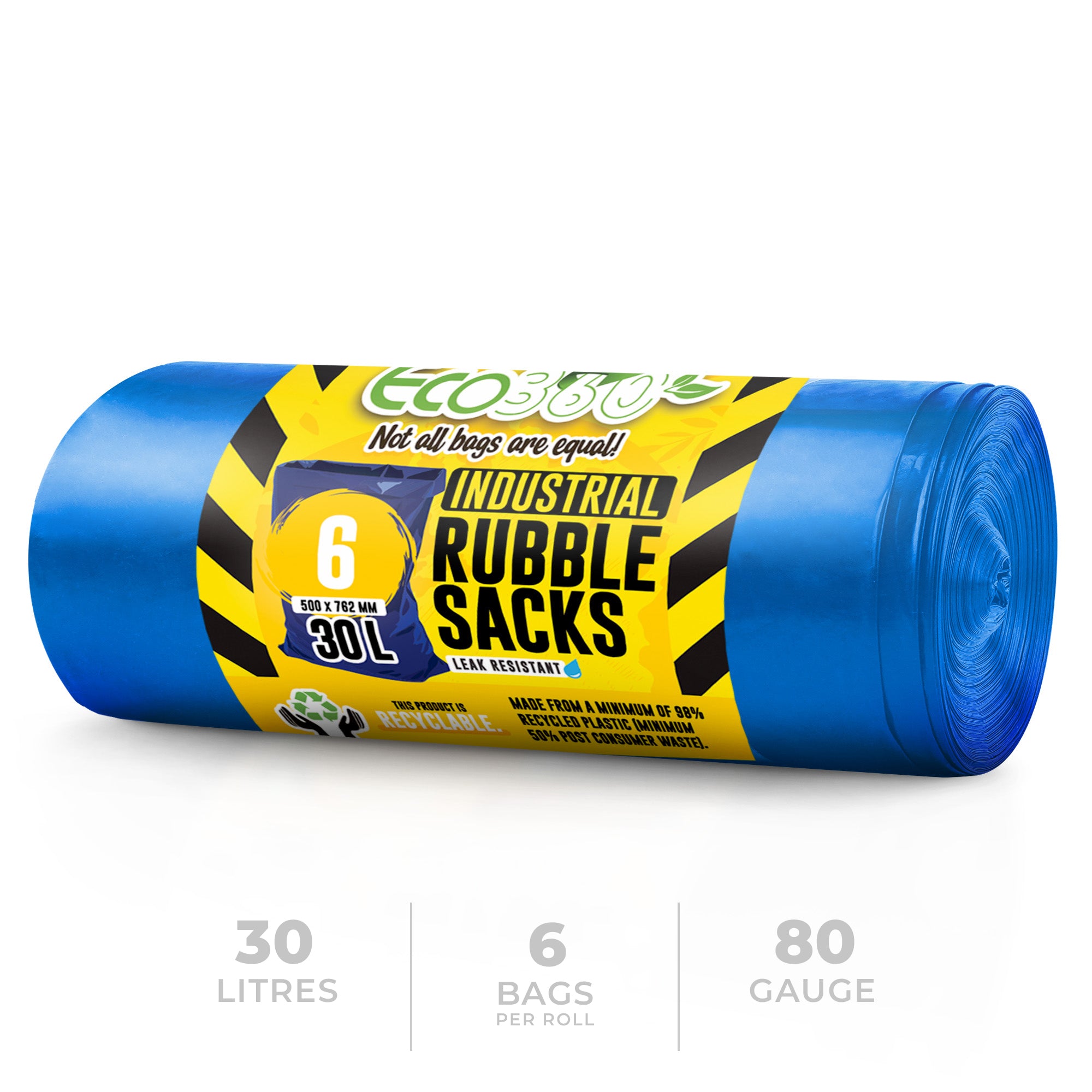 EcoBag - 6 Pack Blue Rubble Bags - 30L - 80 Micron - Recyclable, Leak Resistant & Eco-Friendly
