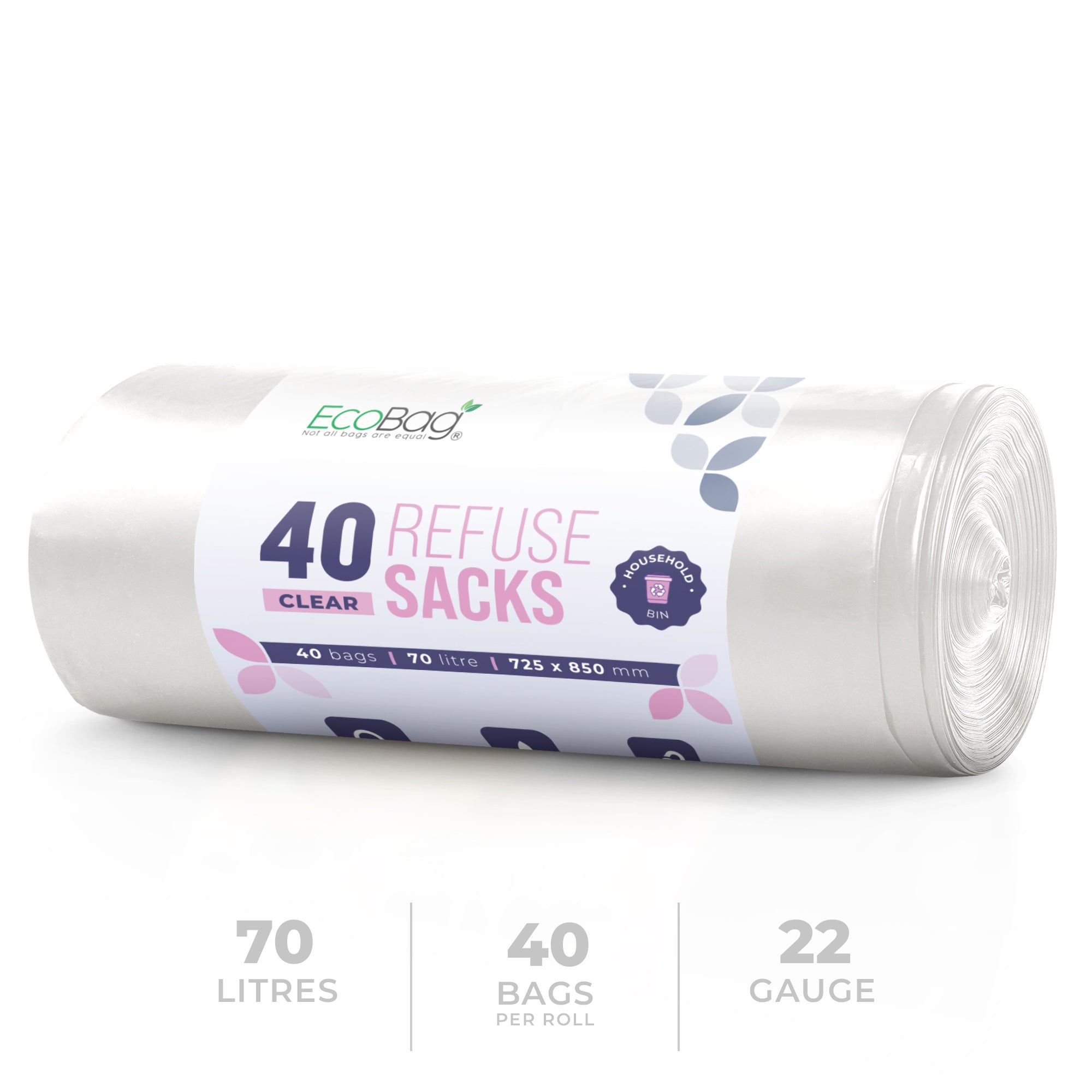 EcoBag - 40 Pack Refuse Sacks - 22 Microns - Heavy Duty, Leak Resistant Recyclable Bin Bags, Eco-Friendly, Durable Waste Disposal Bags for Household & Commercial Use ( 70L Capacity )