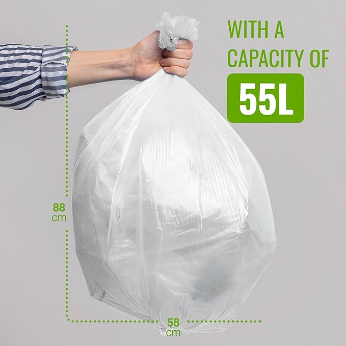 EcoBag - 30 Pack Heavy Duty White Bin Liners - 55L - 15 Micron - Extra Strong, Leak-Proof & Tear-Resistant