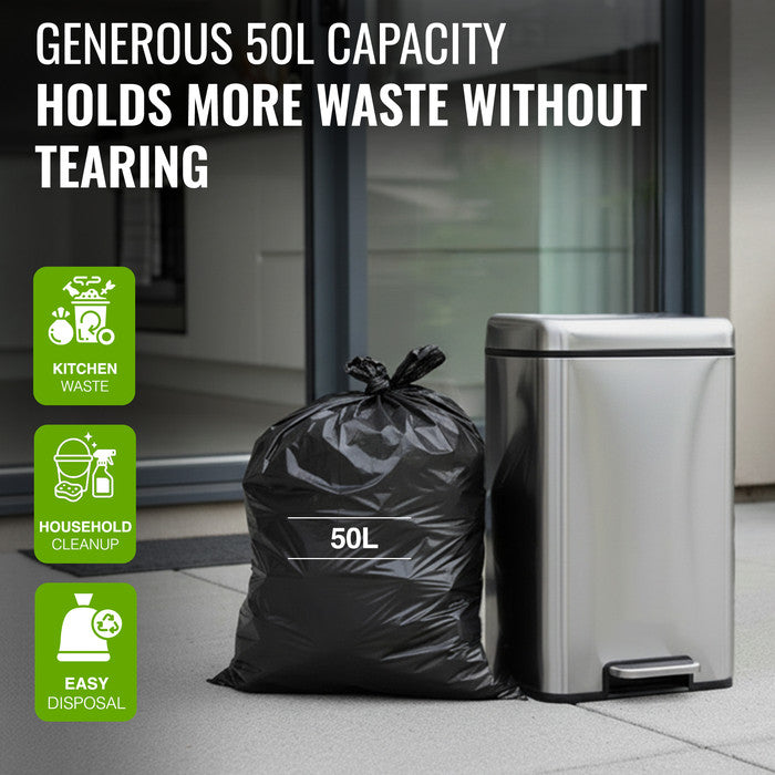 EcoBag - 50 Pack Extra Strong Heavy Duty Refuse Sacks - 50L - 30 Micron - Recyclable Bin Bags, Leak Resistant, Eco-Friendly, Durable Waste Disposal Bags for Household & Commercial Use