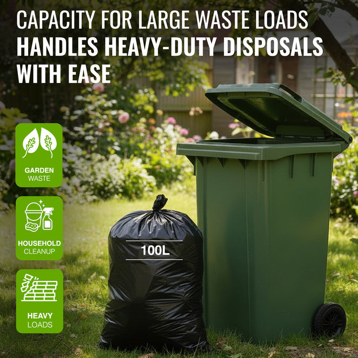 EcoBag - 50 Pack Extra Strong Heavy Duty Refuse Sacks - 100L - 33 Micron - Recyclable Bin Bags, Leak Resistant, Eco-Friendly, Durable Waste Disposal Bags for Household & Commercial Use