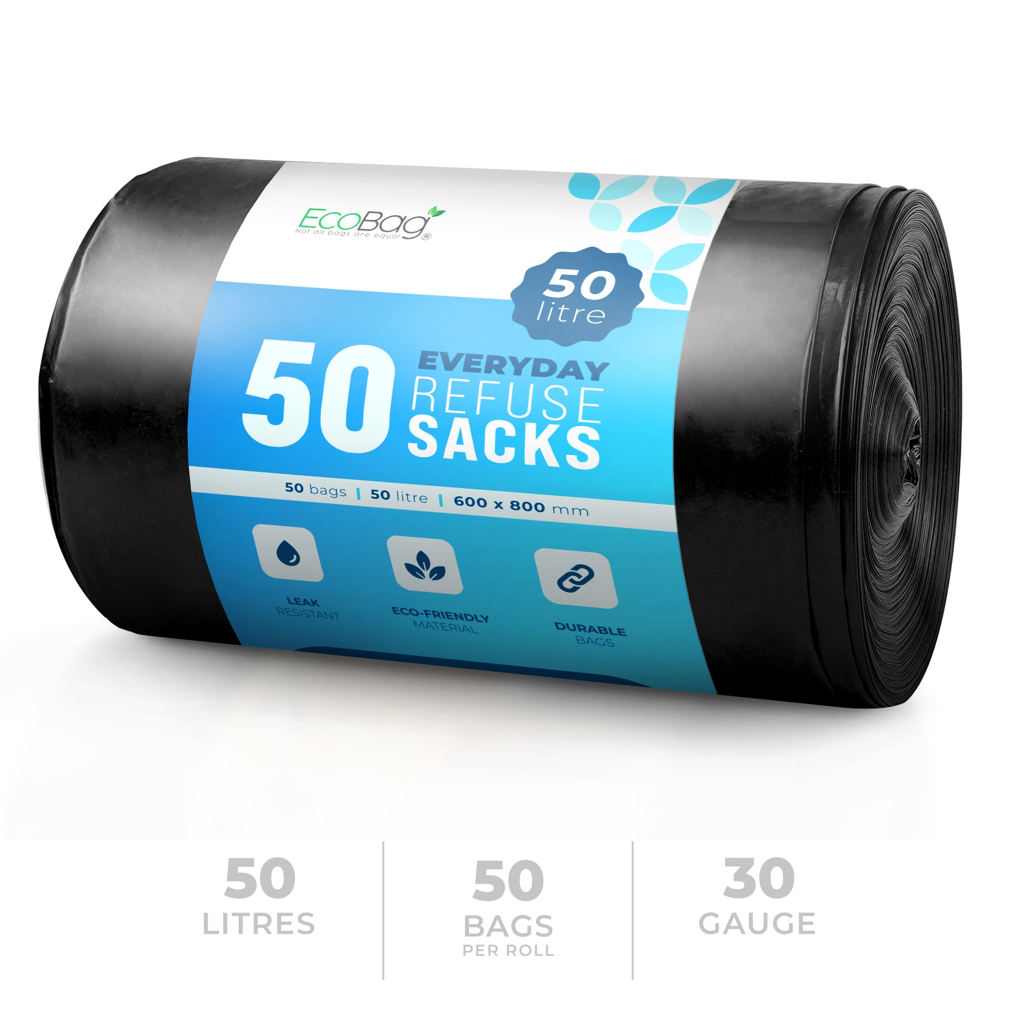 EcoBag - 50 Pack Extra Strong Heavy Duty Refuse Sacks - 50L - 30 Micron - Recyclable Bin Bags, Leak Resistant, Eco-Friendly, Durable Waste Disposal Bags for Household & Commercial Use