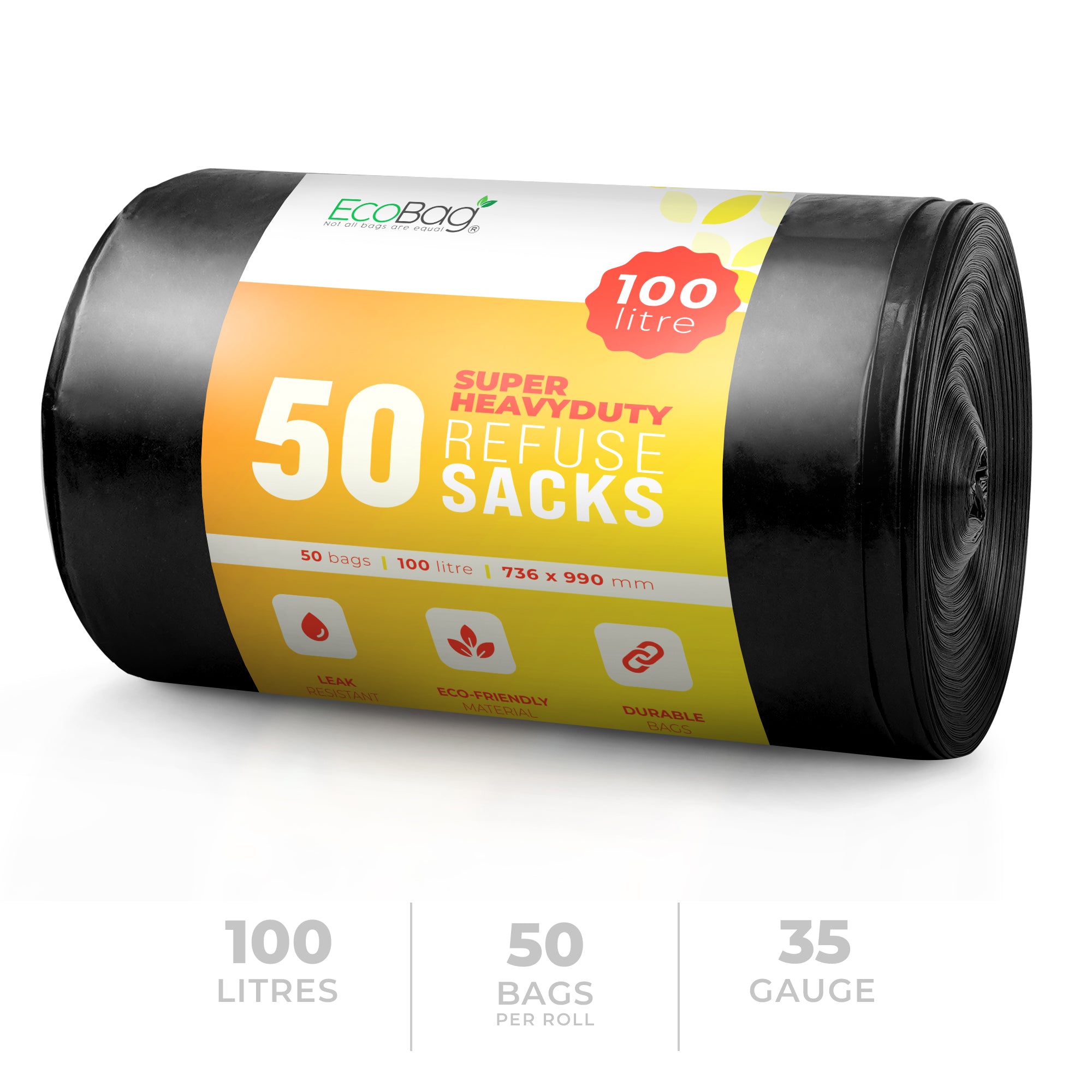 EcoBag - 50 Pack Extra Strong Heavy Duty Refuse Sacks - Recyclable Bin Bags, Leak Resistant, Eco-Friendly, Durable Waste Disposal Bags for Household & Commercial Use - 35 Micron - 100L