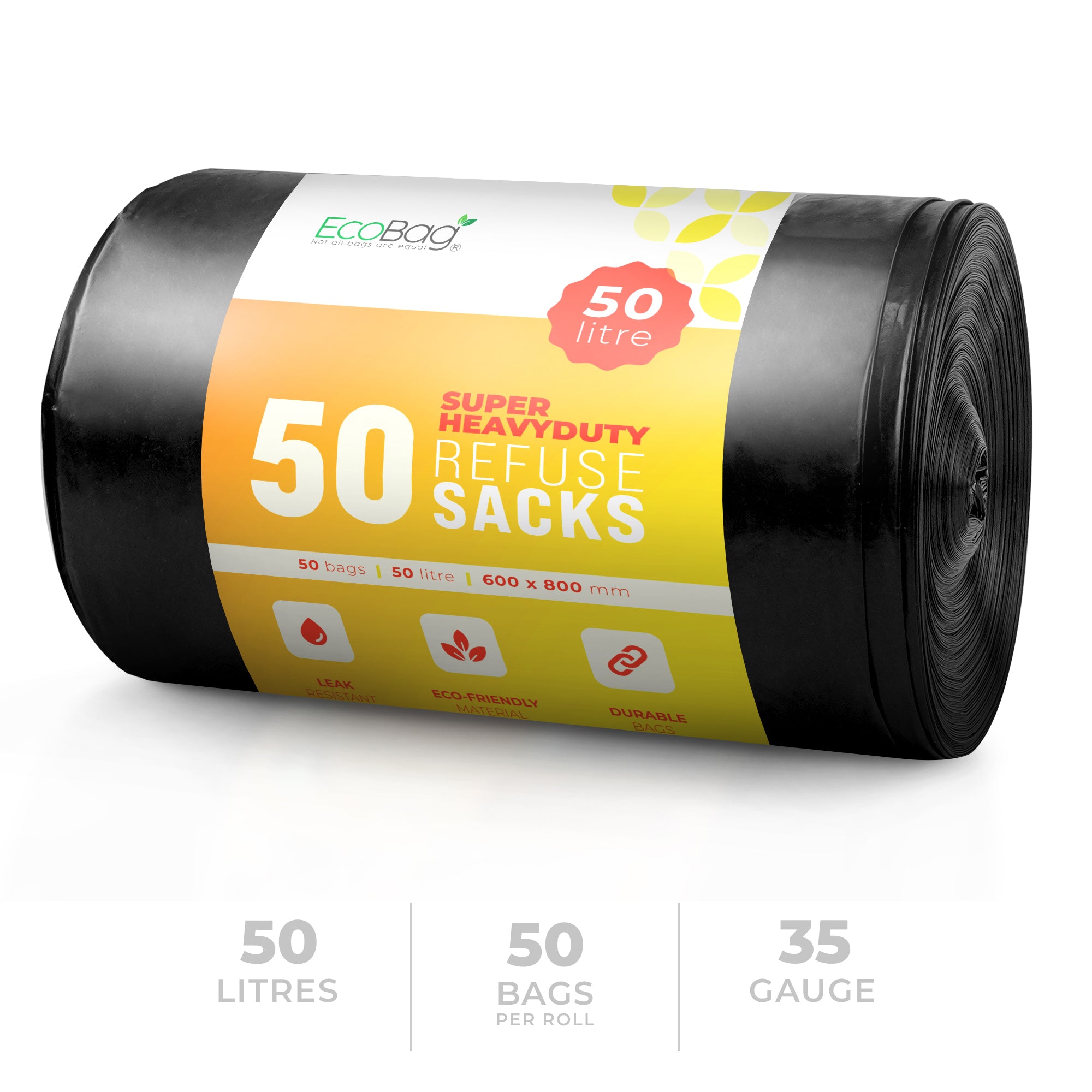EcoBag - 50 Pack Extra Strong Heavy Duty Refuse Sacks - Recyclable Bin Bags, Leak Resistant, Eco-Friendly, Durable Waste Disposal Bags for Household & Commercial Use - 35 Micron - 50 L