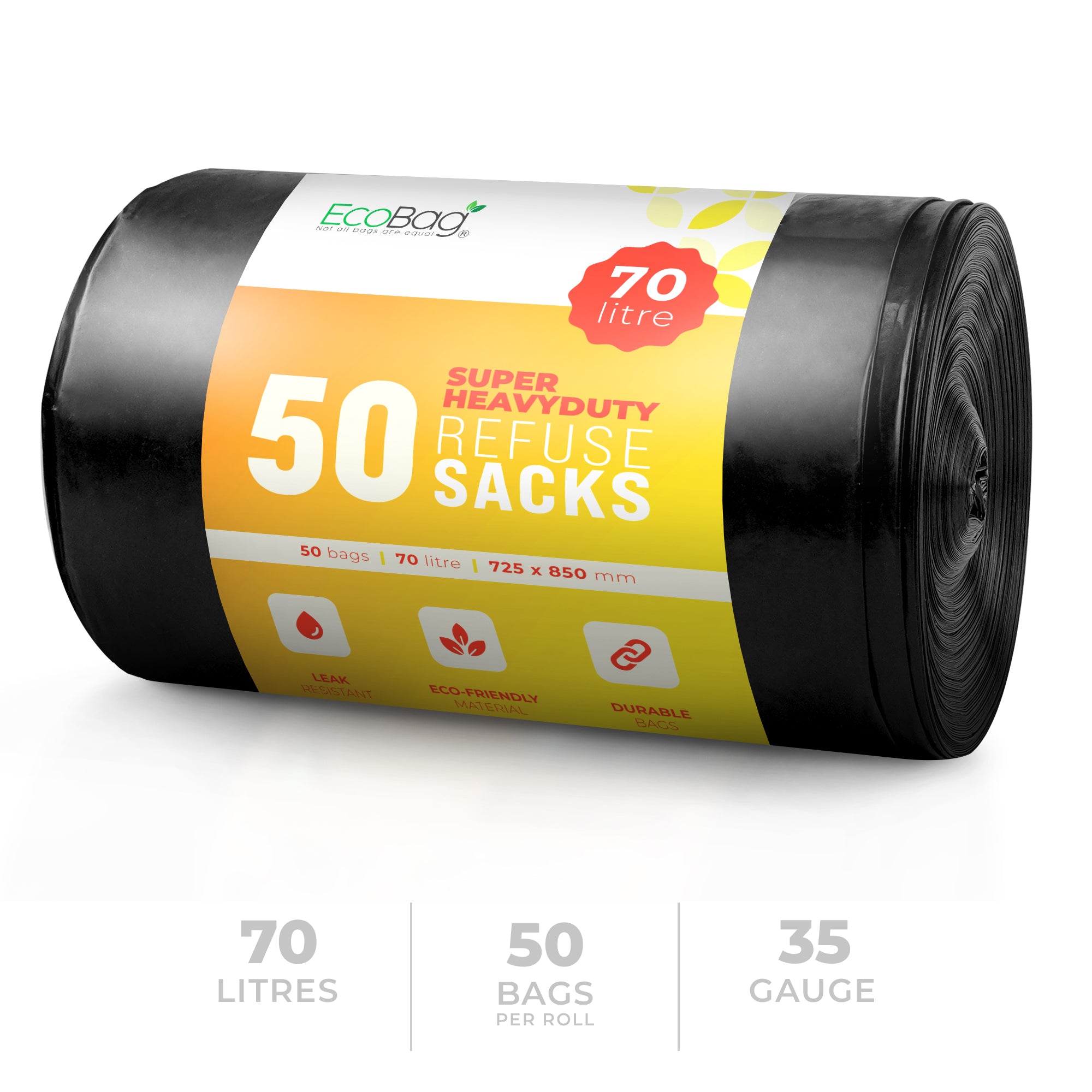 EcoBag - 50 Pack Extra Strong Heavy Duty Refuse Sacks - Recyclable Bin Bags, Leak Resistant, Eco-Friendly, Durable Waste Disposal Bags for Household & Commercial Use - 35 Micron - 70 L