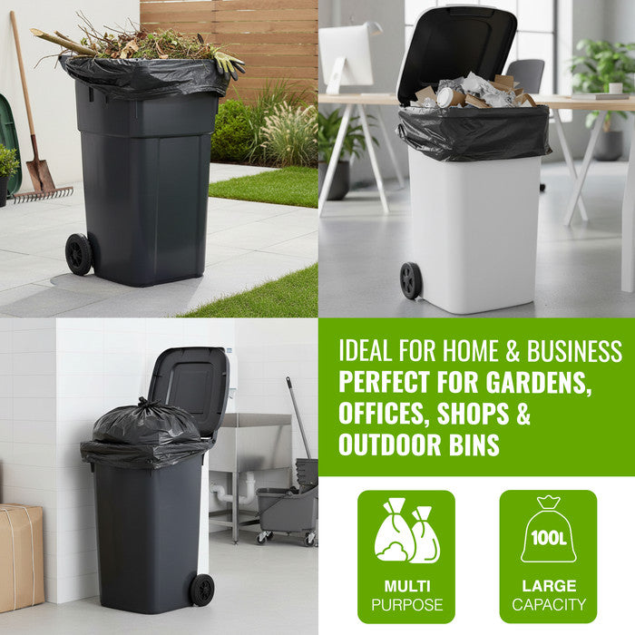 EcoBag - 50 Pack Extra Strong Heavy Duty Refuse Sacks - 100L - 33 Micron - Recyclable Bin Bags, Leak Resistant, Eco-Friendly, Durable Waste Disposal Bags for Household & Commercial Use