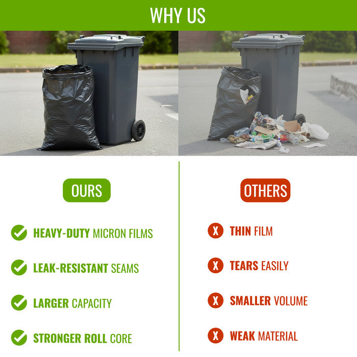 EcoBag - 50 Pack Extra Strong Heavy Duty Refuse Sacks - 100L - 33 Micron - Recyclable Bin Bags, Leak Resistant, Eco-Friendly, Durable Waste Disposal Bags for Household & Commercial Use