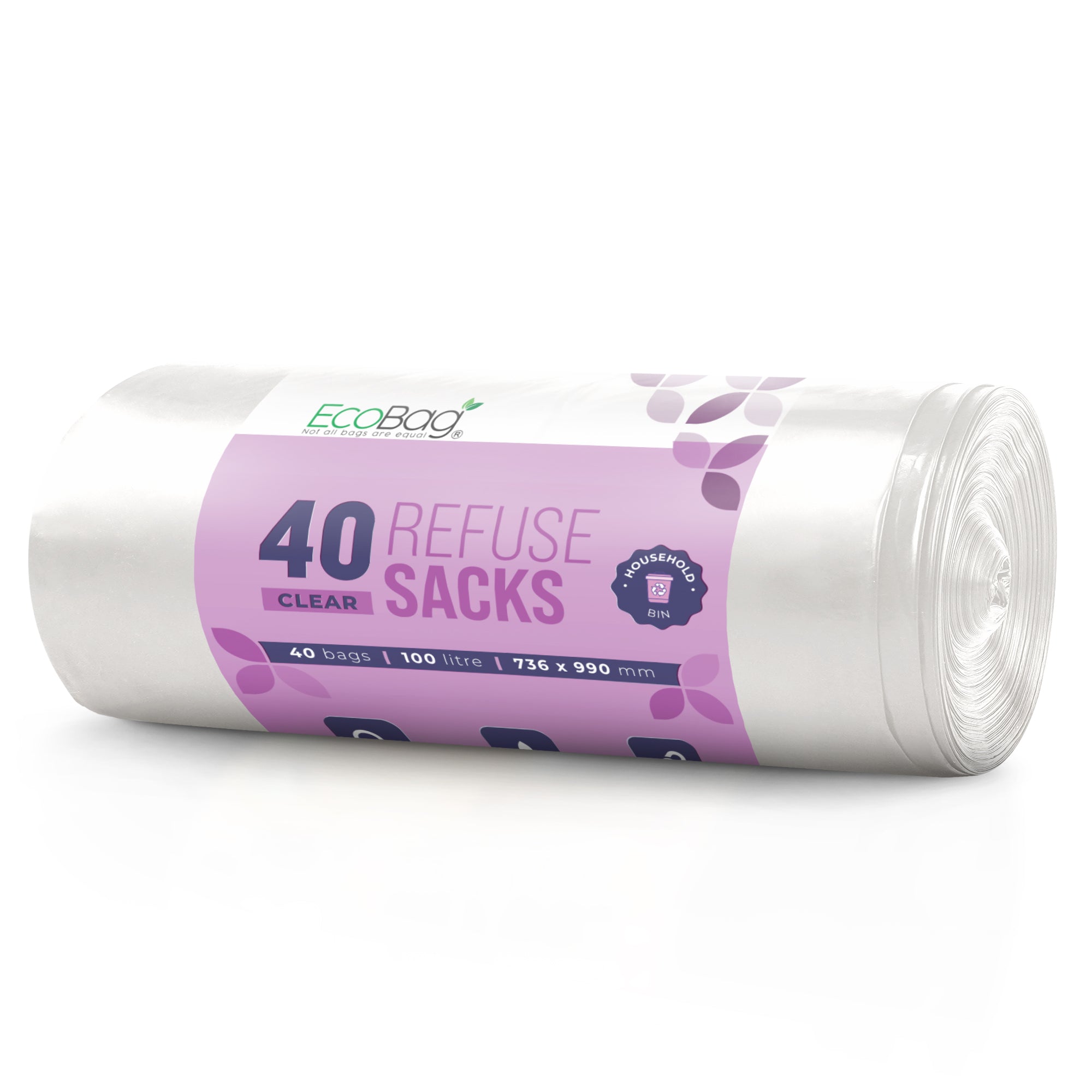 EcoBag - 40 Pack Refuse Sacks - 22 Microns - Heavy Duty, Leak Resistant Recyclable Bin Bags, Eco-Friendly, Durable Waste Disposal Bags for Household & Commercial Use ( 100L Capacity )