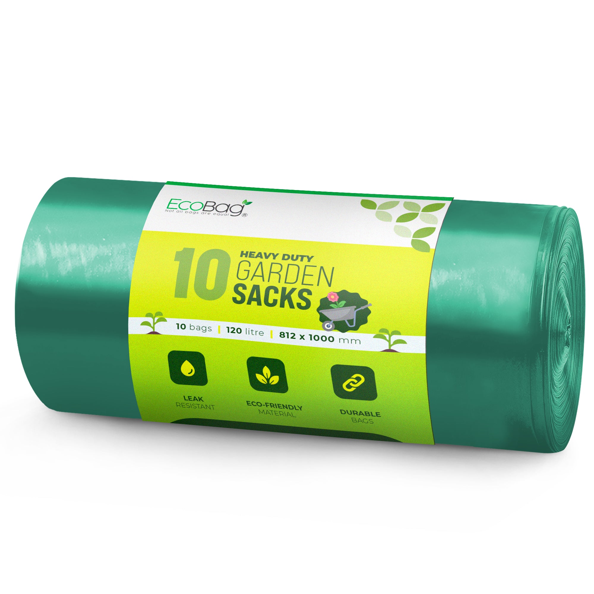 EcoBag - 10 Pack Extra Strong Heavy Duty Garden Sacks - 120L - Recyclable, Leak Resistant, Eco-Friendly & Durable