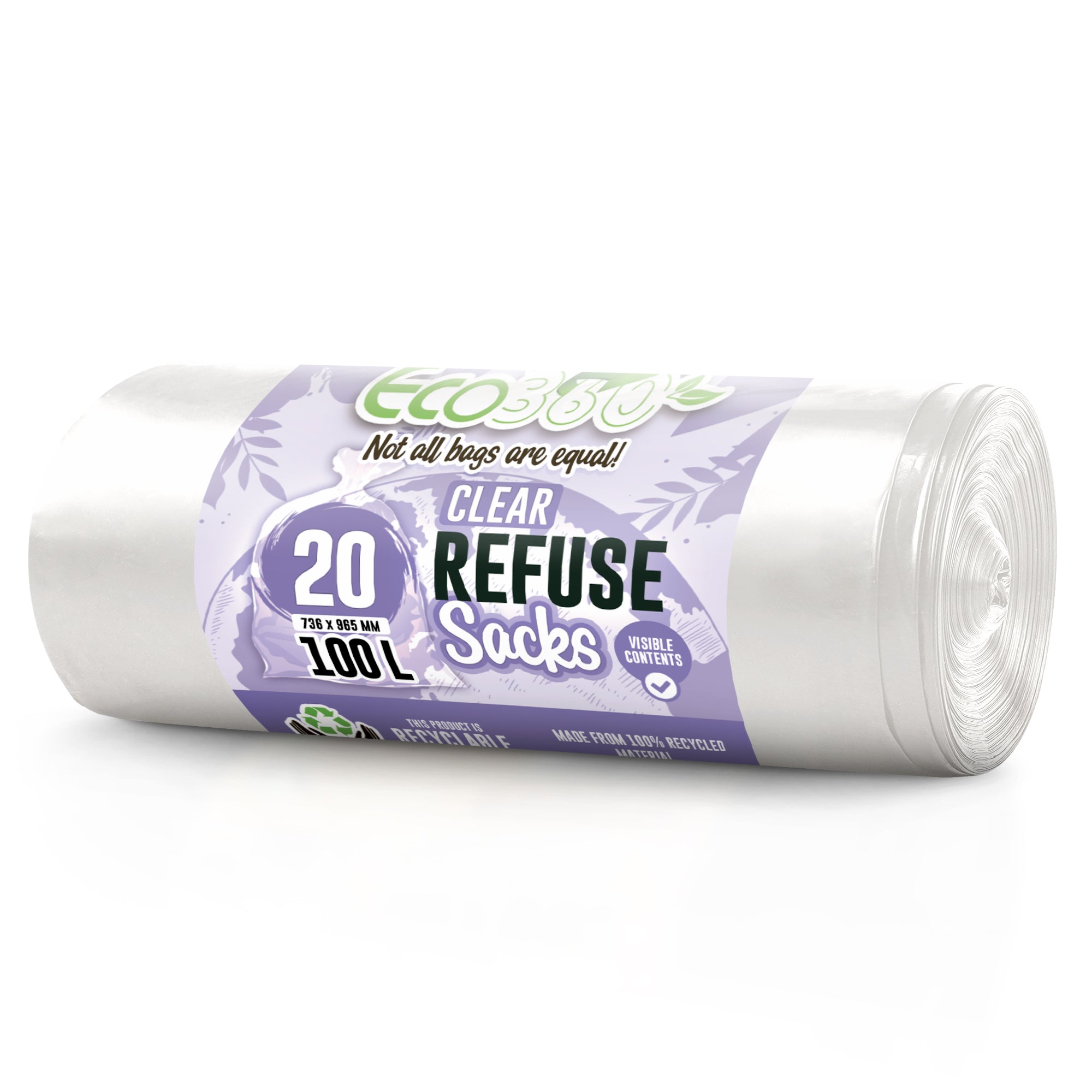 EcoBag - 20 Pack Heavy Duty Refuse Sacks - 100L - Recyclable, Leak Resistant & Durable
