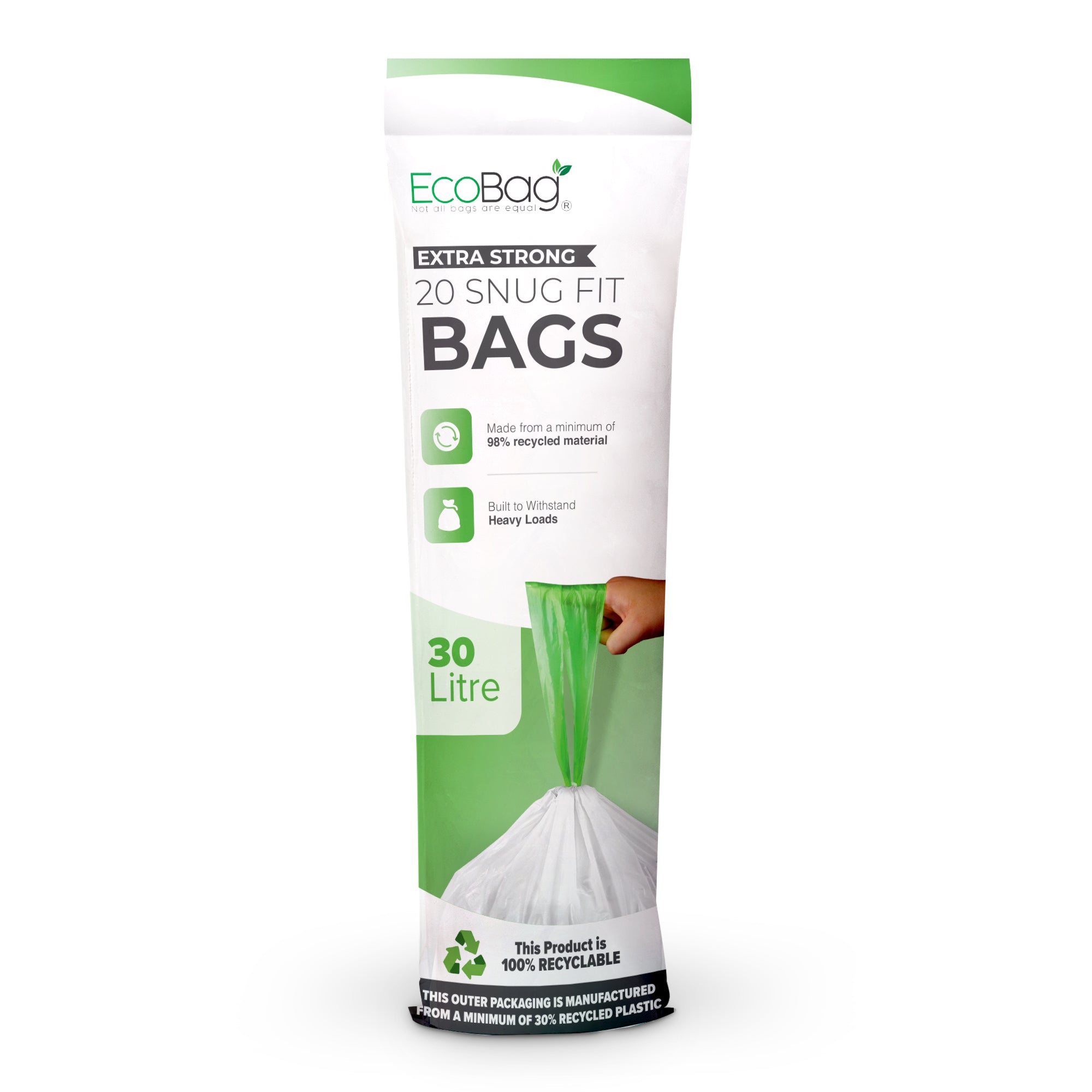 EcoBag - 20 Pack White Kitchen Drawstring Bin Liner - 30L - 25 Micron - Heavy Duty, Extra Strong, Brabantia Compatible, Eco-Friendly, Tear Resistant & Recyclable