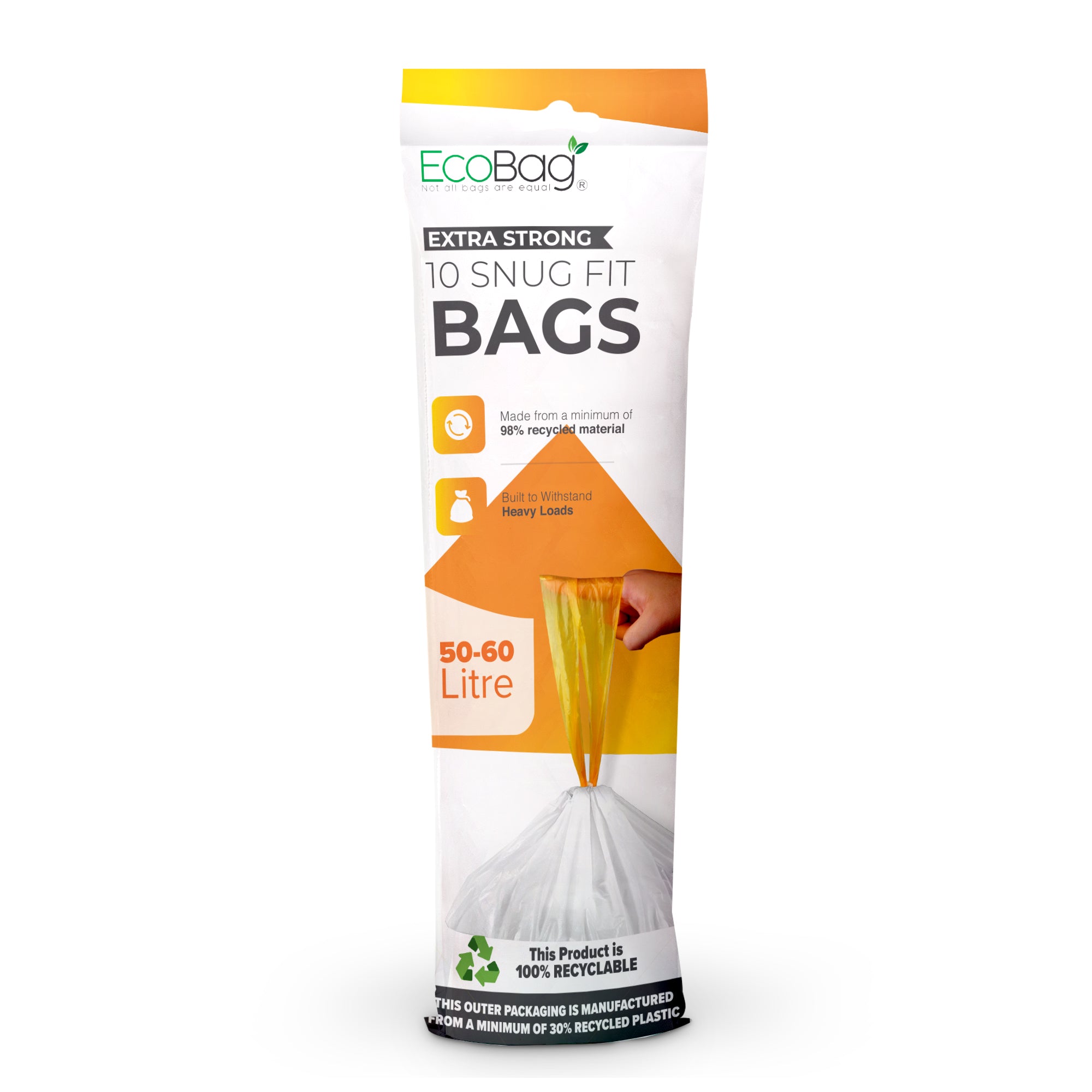 EcoBag - 10 Pack White Kitchen Drawstring Bin Liner - 60L - 28 Micron - Durable, Brabantia Compatible, Eco-Friendly, Tear Resistant, Clear Recycling Bags