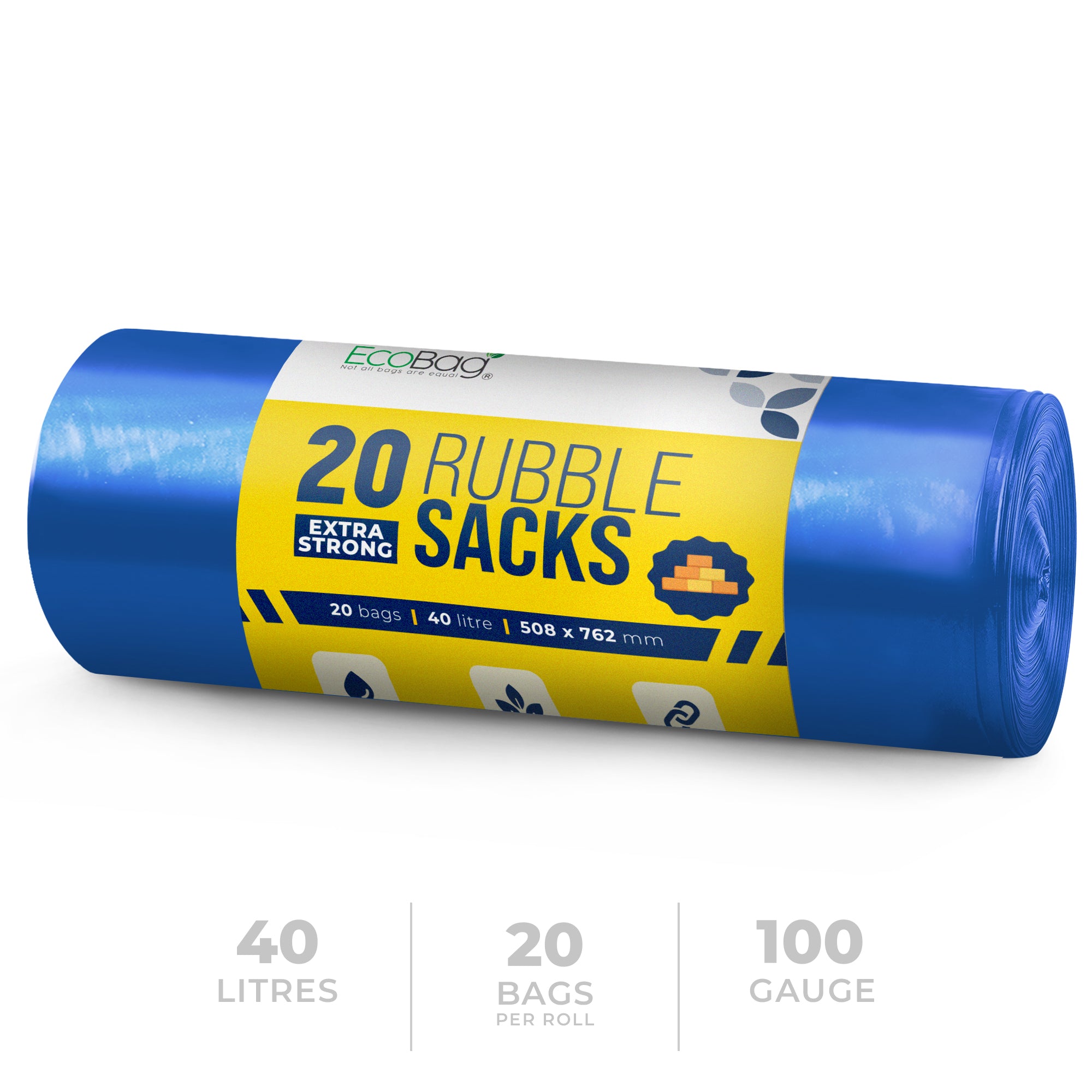 EcoBag - 20 Pack Blue Rubble Bags - 40L - 100 Microns - Recyclable Heavy Duty Bin Bags - Leak Resistant Rubble Sacks for Garden, Builders, Caterers, Kitchen, DIY (508 x 762mm)