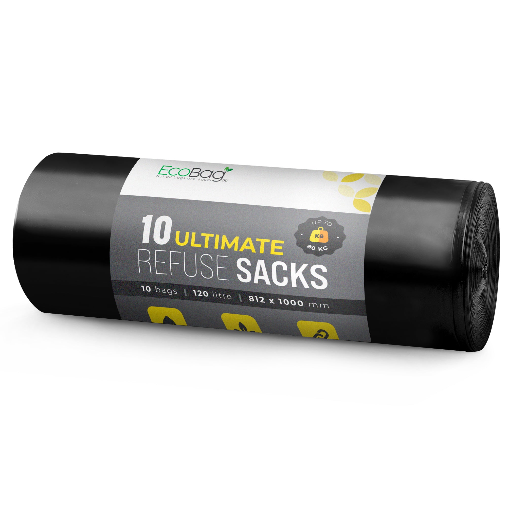 EcoBag - 10 Pack Heavy Duty Bin Bags - 120L - 60 Micron - Durable, Recyclable, Leak Resistant & Eco-Friendly