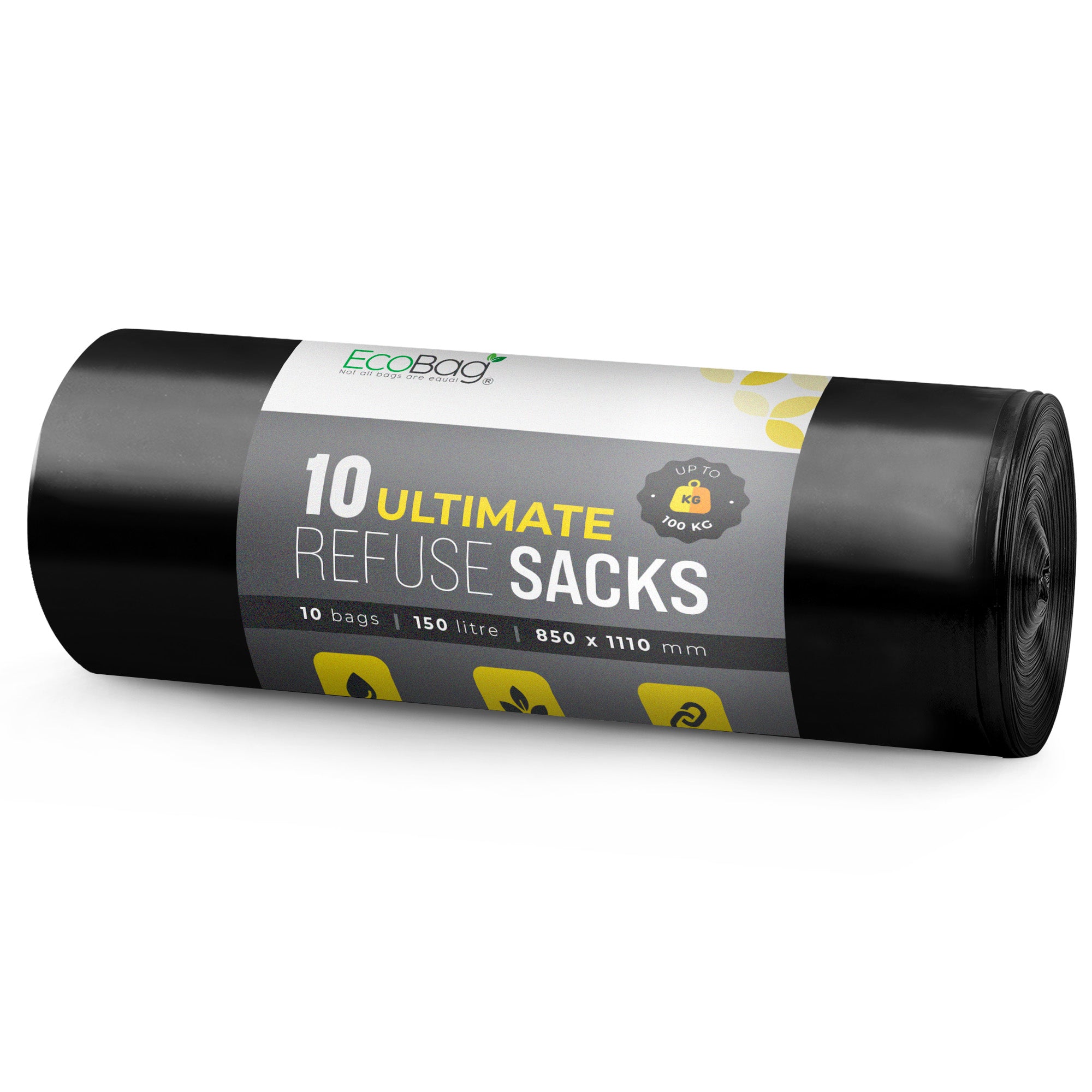 EcoBag - 10 Pack Heavy Duty Bin Bags - 150L - 74 Micron - Durable, Recyclable, Leak Resistant & Eco-Friendly