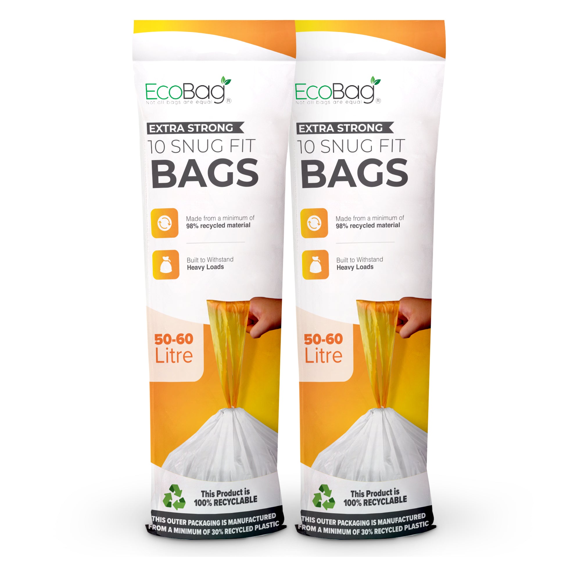 EcoBag - White Kitchen Drawstring Bin Liner - 60L - 28 Micron - Durable, Brabantia Compatible, Eco-Friendly, Tear Resistant, Clear Recycling Bags