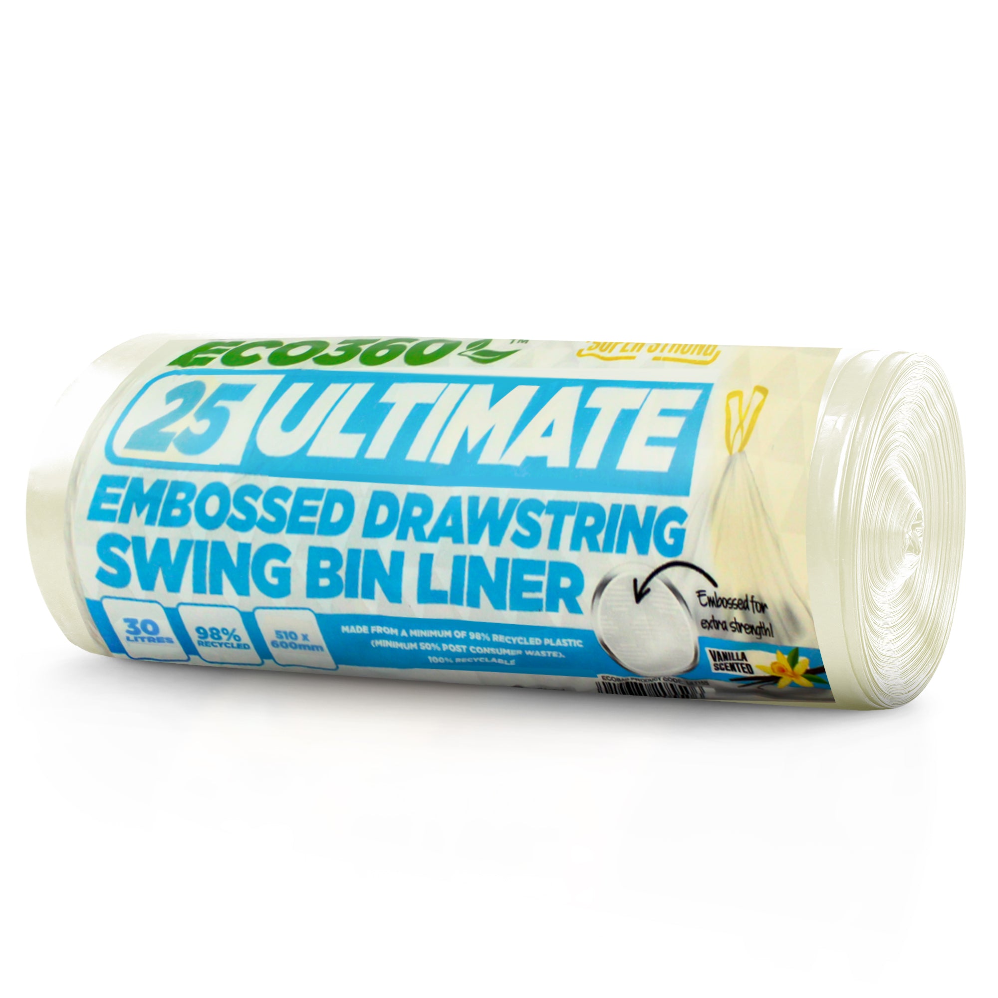 EcoBag - 25 Pack - 15 Micron - Vanilla Scented Ultimate Embossed Kitchen Drawstring Pedal Bin Liners - 30L - Recylable & Eco-Friendly