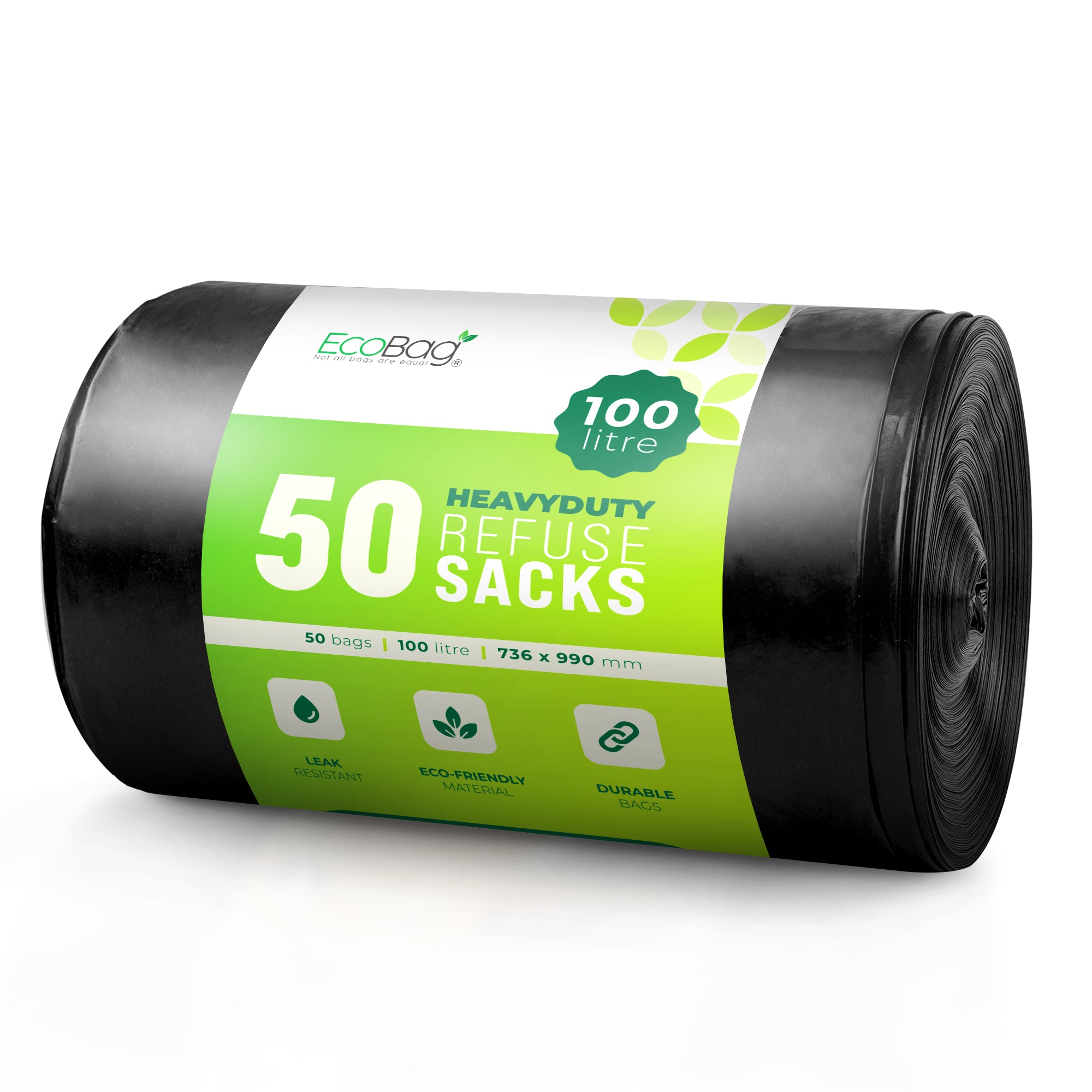 EcoBag - 50 Pack Extra Strong Heavy Duty Refuse Sacks - 100L - 33 Micron - Recyclable Bin Bags, Leak Resistant, Eco-Friendly, Durable Waste Disposal Bags for Household & Commercial Use