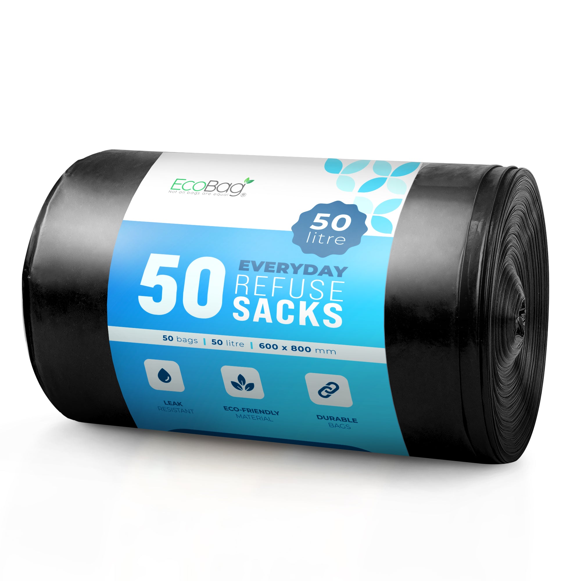 EcoBag - 50 Pack Extra Strong Heavy Duty Refuse Sacks - 50L - 30 Micron - Recyclable Bin Bags, Leak Resistant, Eco-Friendly, Durable Waste Disposal Bags for Household & Commercial Use
