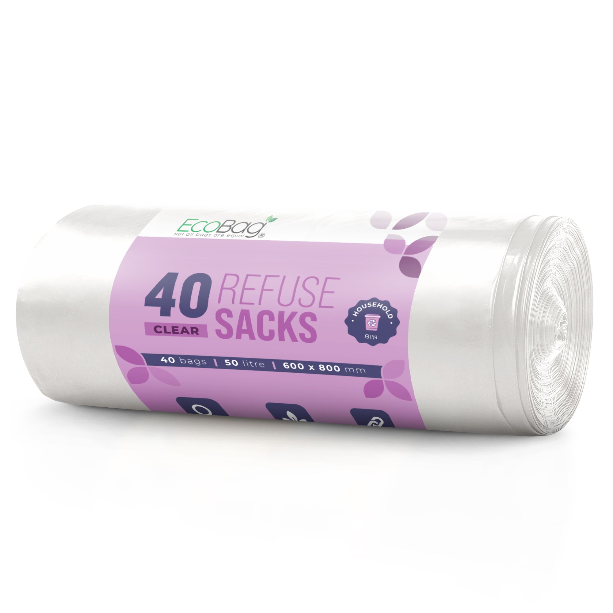EcoBag - 40 Pack Refuse Sacks - 22 Microns - Heavy Duty, Leak Resistant Recyclable Bin Bags, Eco-Friendly, Durable Waste Disposal Bags for Household & Commercial Use ( 50L Capacity )