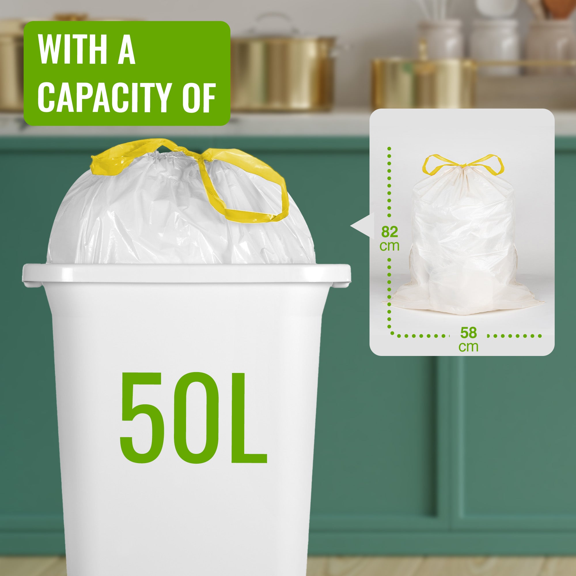 EcoBag - 15 Pack - 16 Micron - Vanilla Scented Ultimate Embossed Kitchen Drawstring Pedal Bin Liners - 50L - Recycled & Eco-Friendly
