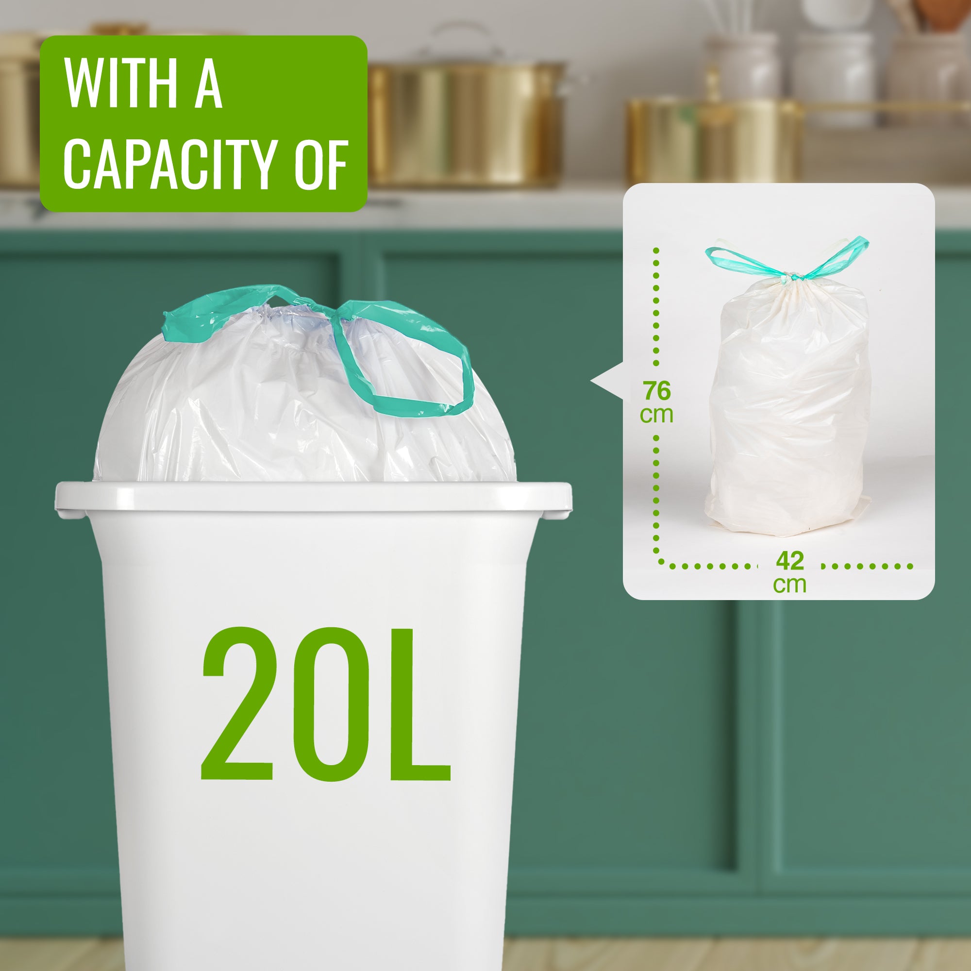 EcoBag - 20 Pack White Kitchen Drawstring Bin Liner - 20L - 24 Micron - Heavy Duty, Extra Strong, Brabantia Compatible, Eco-Friendly, Tear Resistant & Recyclable