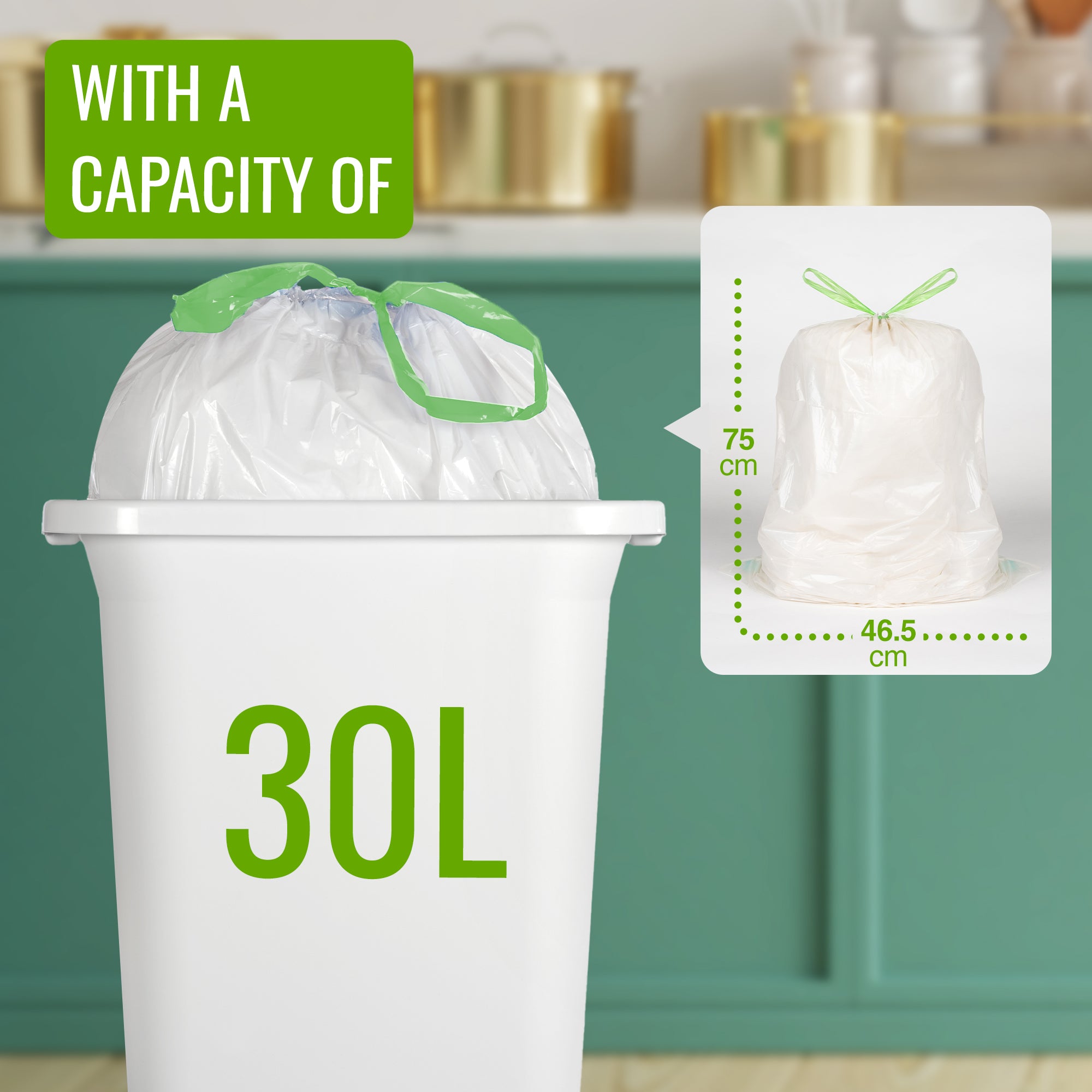 EcoBag - 20 Pack White Kitchen Drawstring Bin Liner - 30L - 25 Micron - Heavy Duty, Extra Strong, Brabantia Compatible, Eco-Friendly, Tear Resistant & Recyclable