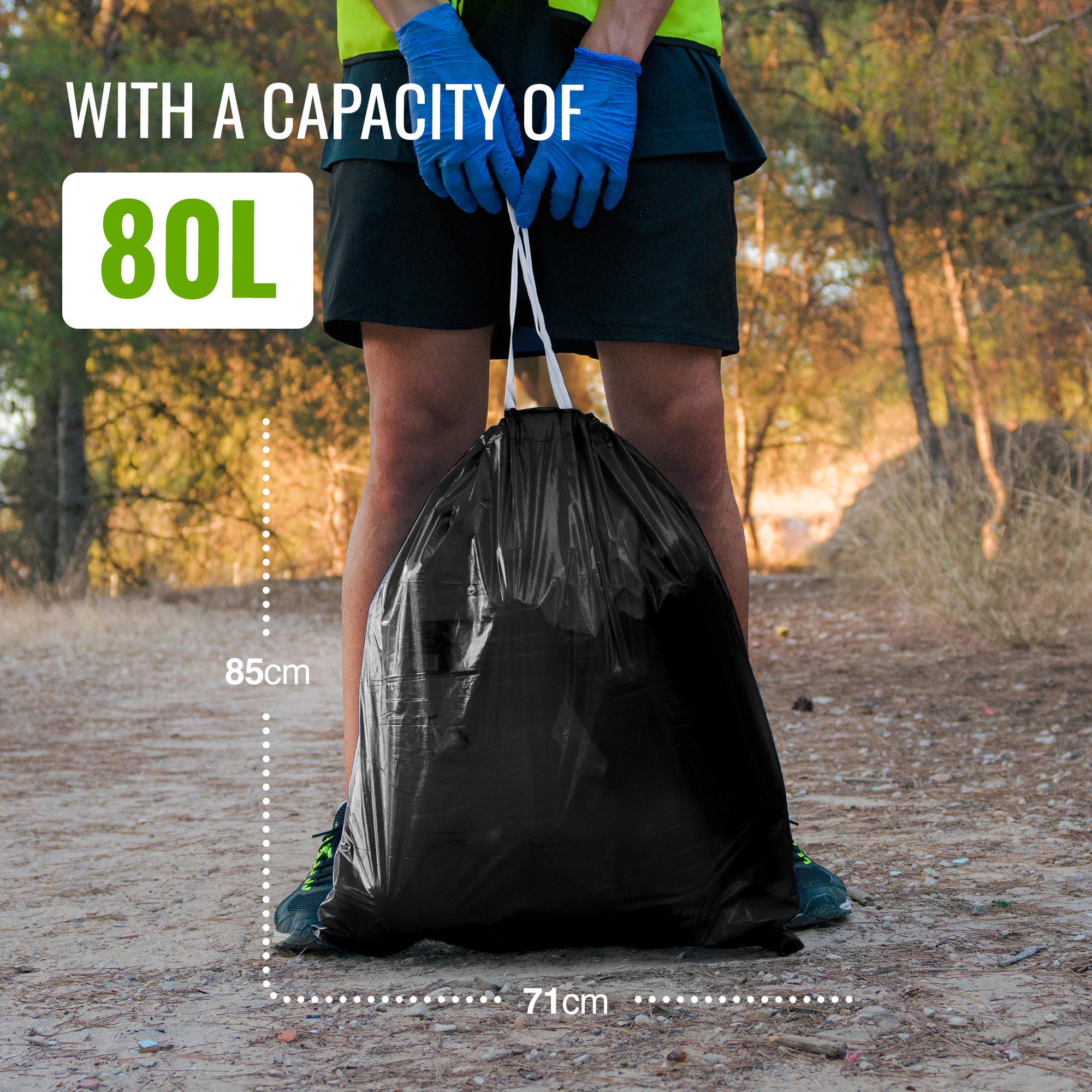 20-Pack - 27 Micron - Ultimate Embossed Black Drawstring Bin Liner Bin Bag Refuse Sacks Heavy Duty - 80L Capacity | 100% Recyclable