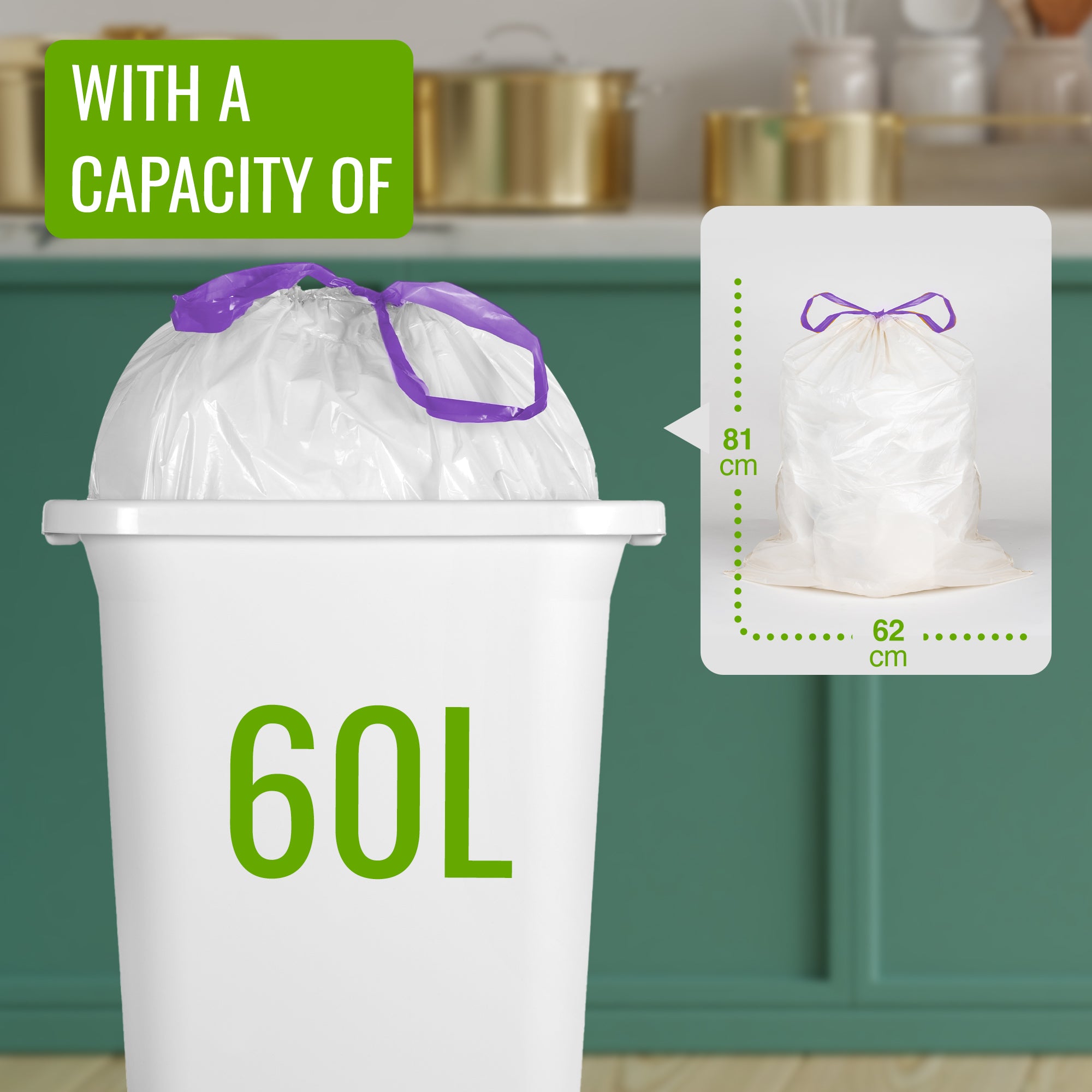 EcoBag - White Kitchen Drawstring Bin Liner - 60L - 28 Micron - Durable, Brabantia Compatible, Eco-Friendly, Tear Resistant, Clear Recycling Bags