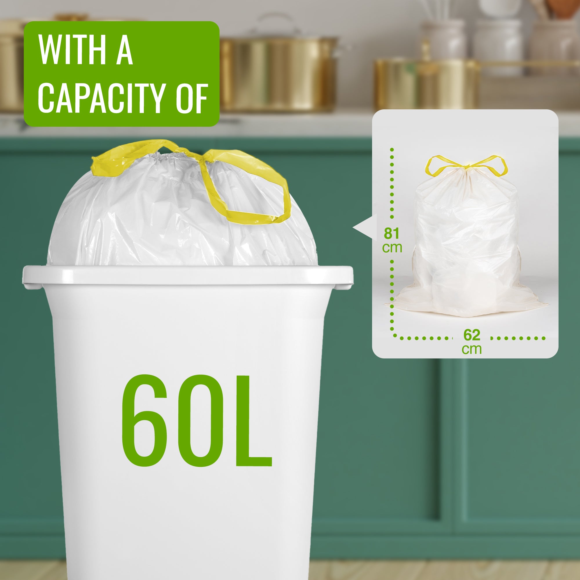 EcoBag - White Kitchen Drawstring Bin Liner - 60L - 28 Micron - Durable, Brabantia Compatible, Eco-Friendly, Tear Resistant, Clear Recycling Bags
