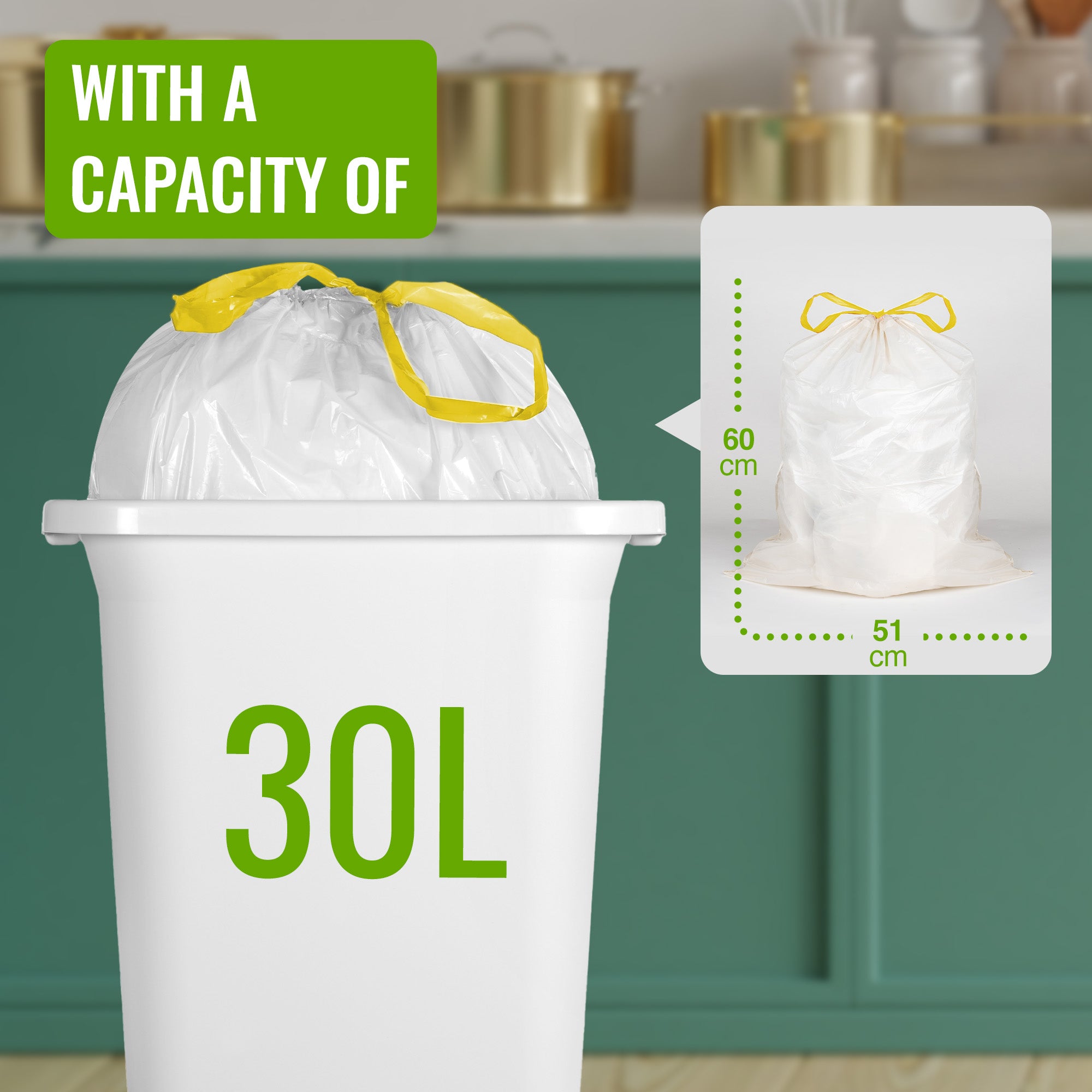 EcoBag - 25 Pack - 15 Micron - Vanilla Scented Ultimate Embossed Kitchen Drawstring Pedal Bin Liners - 30L - Recylable & Eco-Friendly