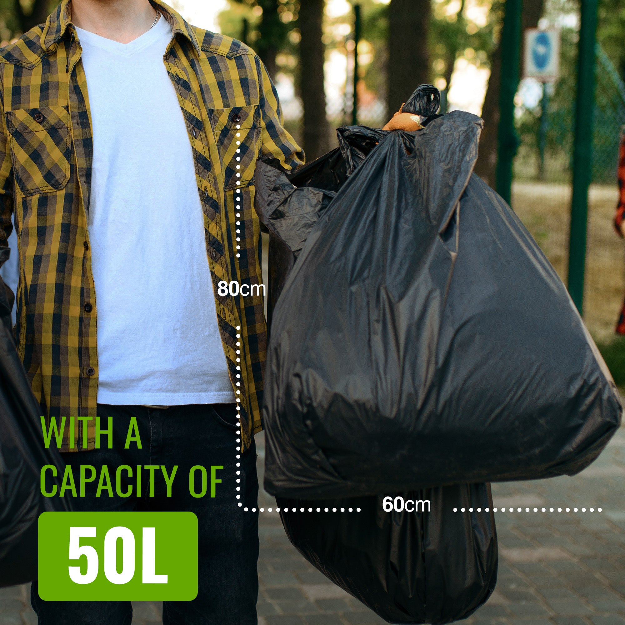 EcoBag - 50 Pack Extra Strong Heavy Duty Refuse Sacks - 50L - 30 Micron - Recyclable Bin Bags, Leak Resistant, Eco-Friendly, Durable Waste Disposal Bags for Household & Commercial Use