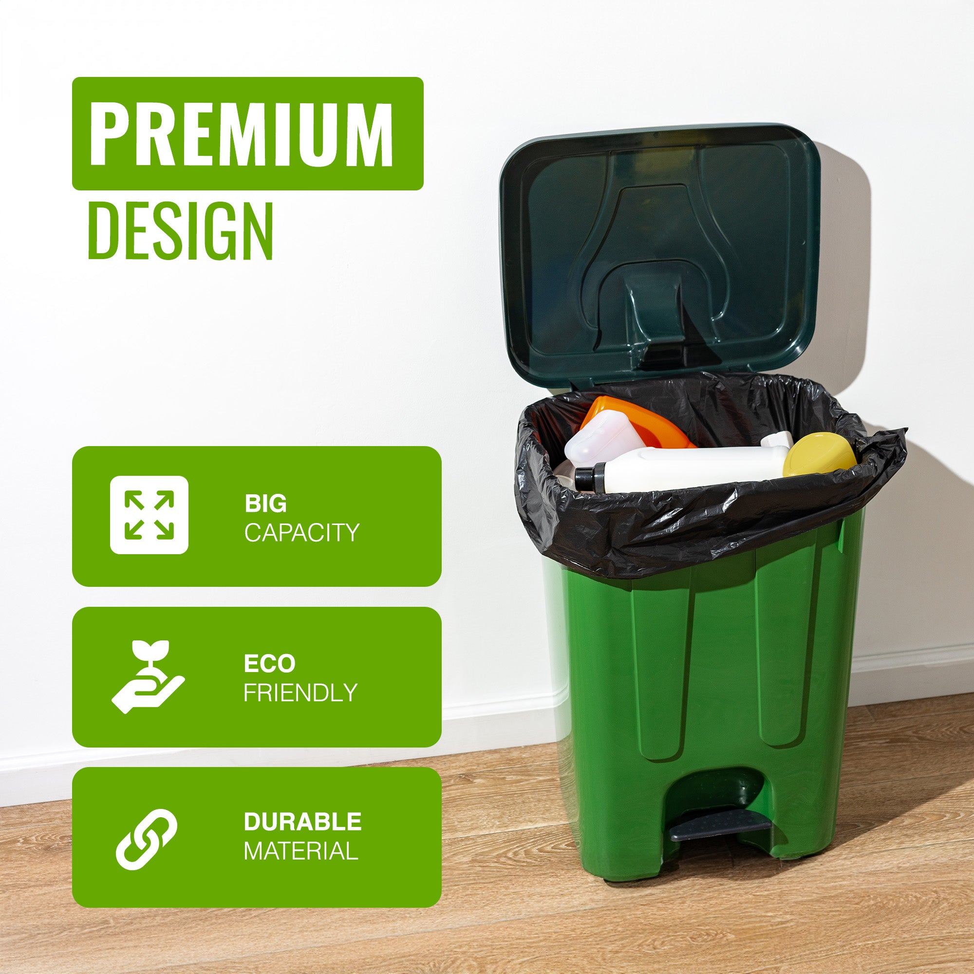 EcoBag - 50 Pack Extra Strong Heavy Duty Refuse Sacks - Recyclable Bin Bags, Leak Resistant, Eco-Friendly, Durable Waste Disposal Bags for Household & Commercial Use - 35 Micron - 50 L