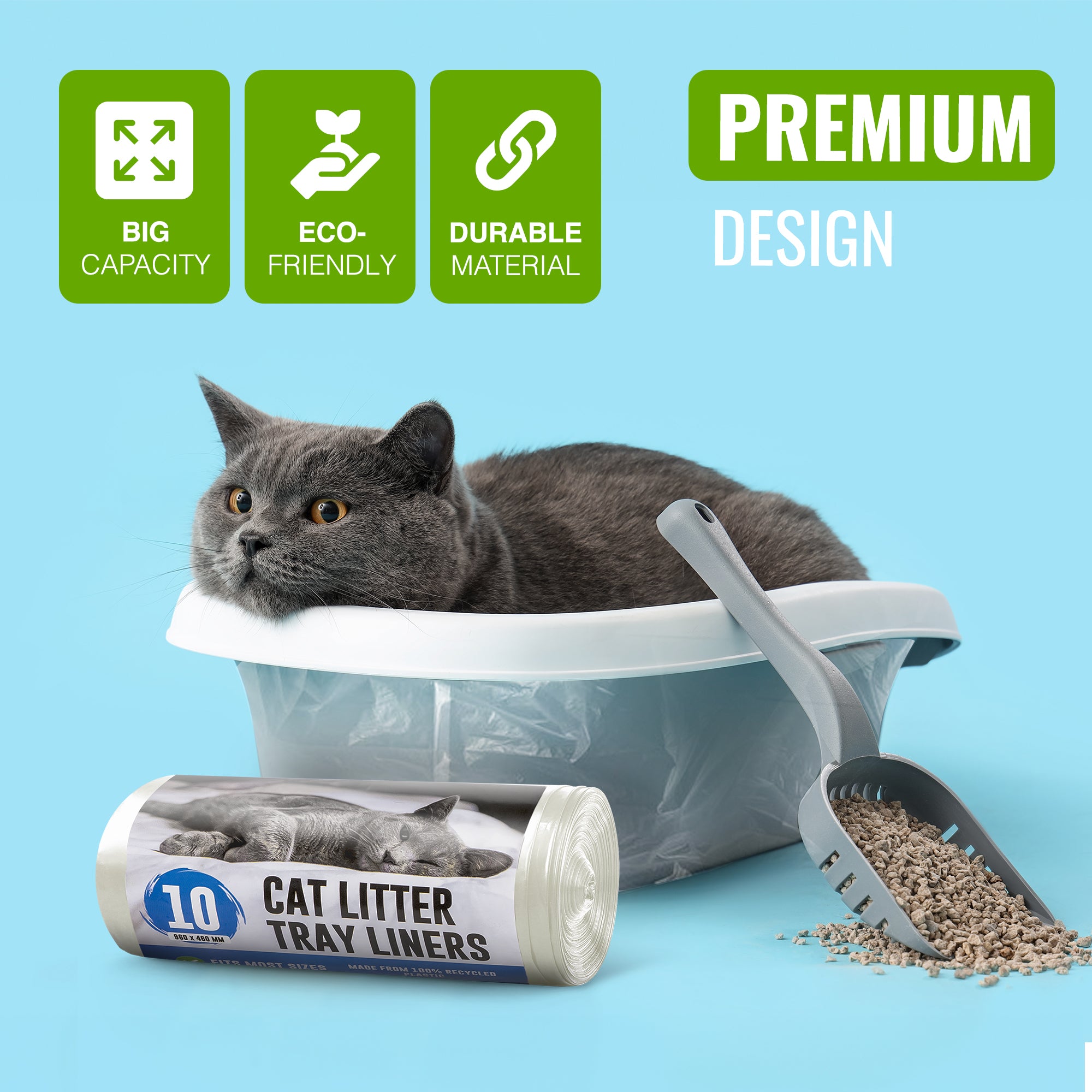 Ecobag - 10 Pack Cat Litter Tray Liners - 30L - 27 Microns - Heavy Duty Cat Litter Bags, Recycled Litter Liners, Durable Tray Liners, Eco-Friendly & Easy to Dispose (960 x 460 mm)