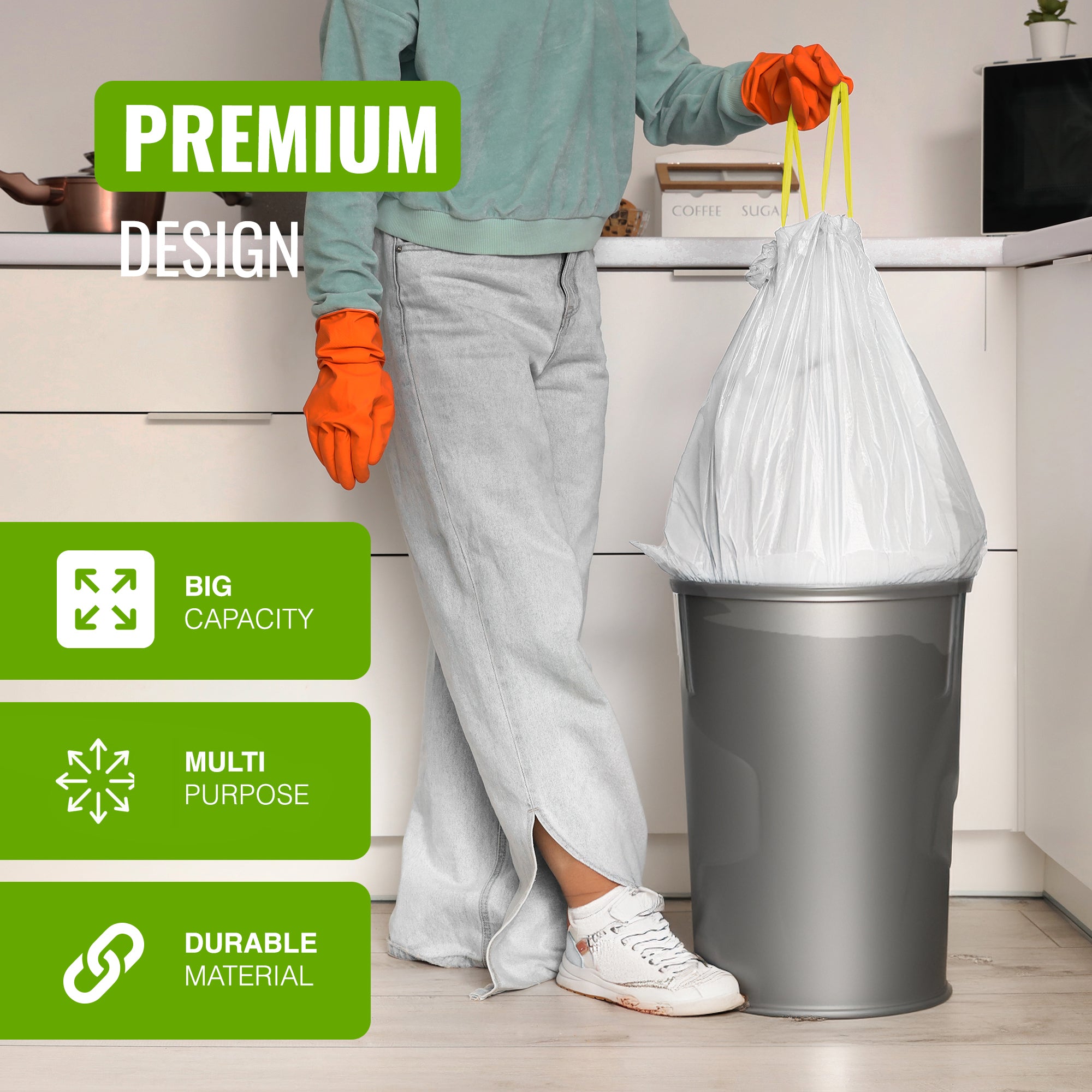 EcoBag - White Kitchen Drawstring Bin Liner - 60L - 28 Micron - Durable, Brabantia Compatible, Eco-Friendly, Tear Resistant, Clear Recycling Bags