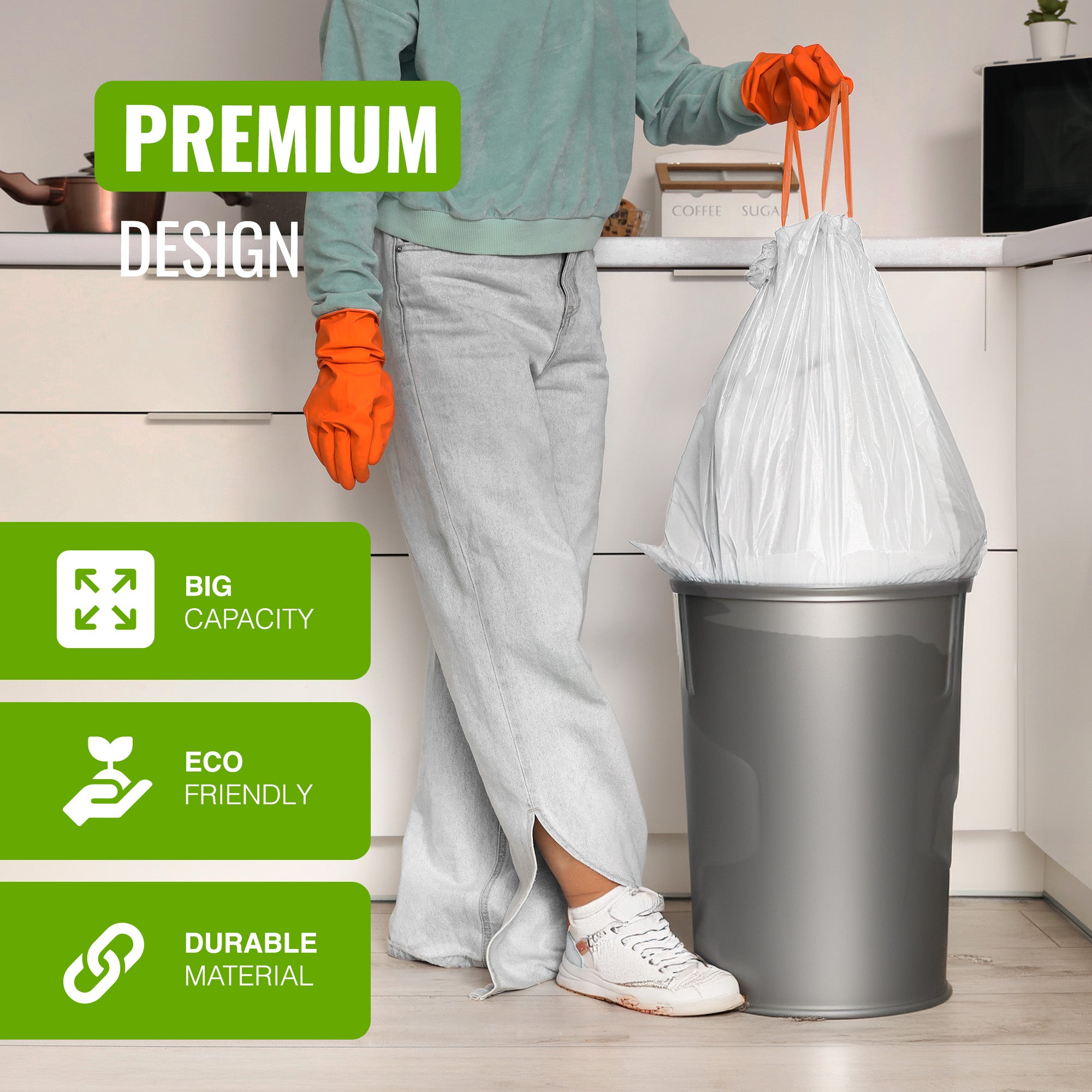 EcoBag - 10 Pack White Kitchen Drawstring Bin Liner - 60L - 28 Micron - Durable, Brabantia Compatible, Eco-Friendly, Tear Resistant, Clear Recycling Bags