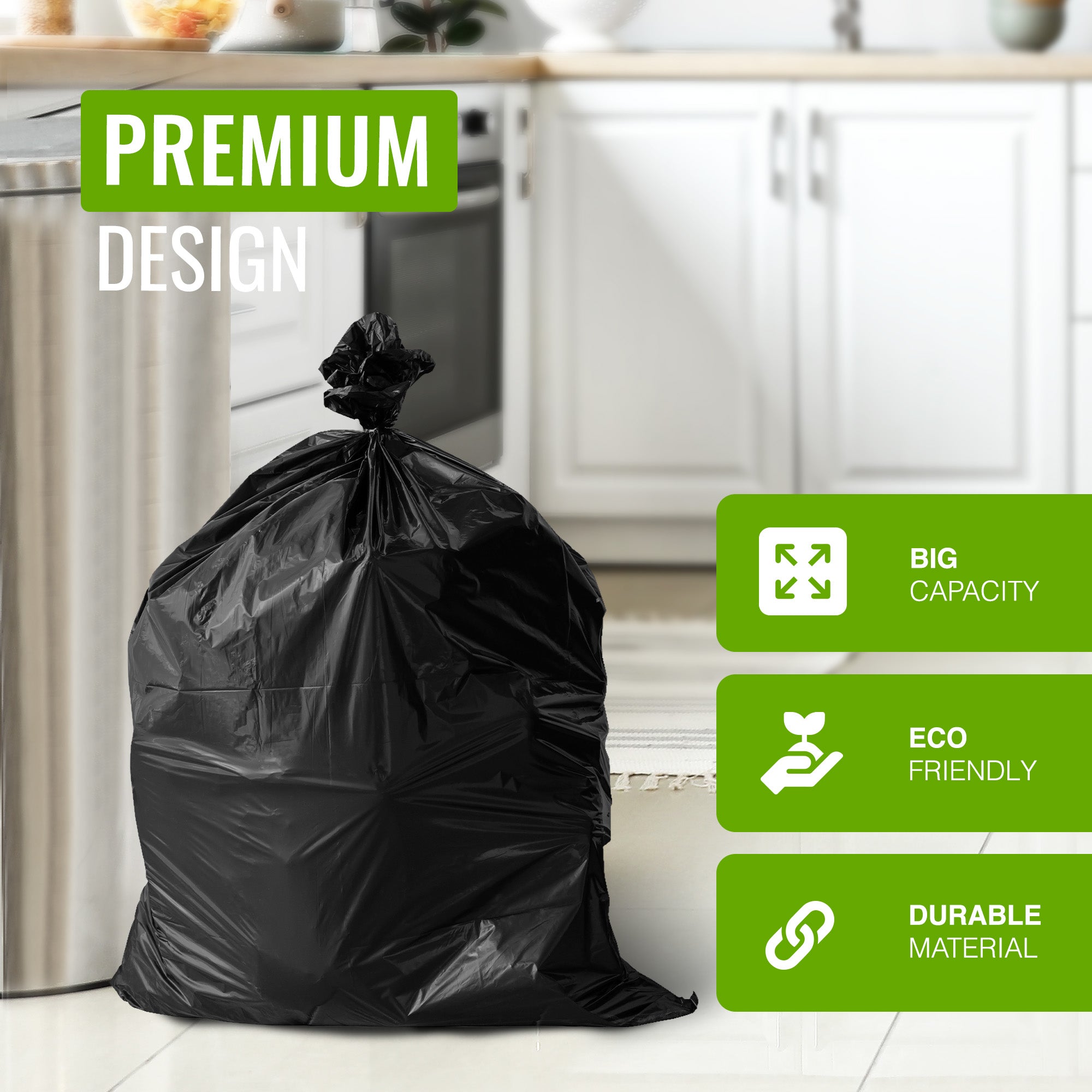 EcoBag - 50 Pack Extra Strong Heavy Duty Refuse Sacks - 100L - 33 Micron - Recyclable Bin Bags, Leak Resistant, Eco-Friendly, Durable Waste Disposal Bags for Household & Commercial Use
