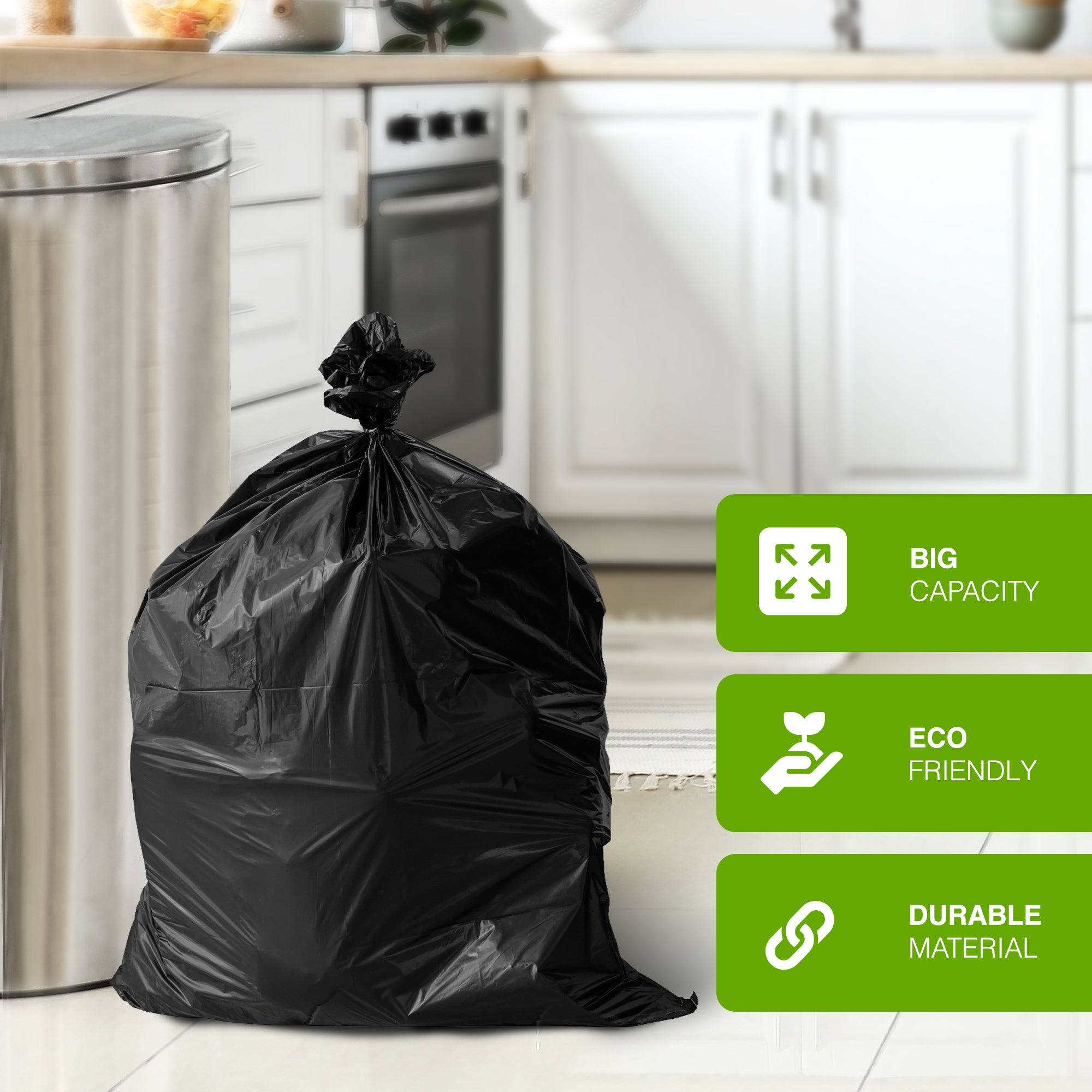 EcoBag - 50 Pack Extra Strong Heavy Duty Refuse Sacks - 100L - 30 Micron - Recyclable Bin Bags, Leak Resistant, Eco-Friendly, Durable Waste Disposal Bags for Household & Commercial Use