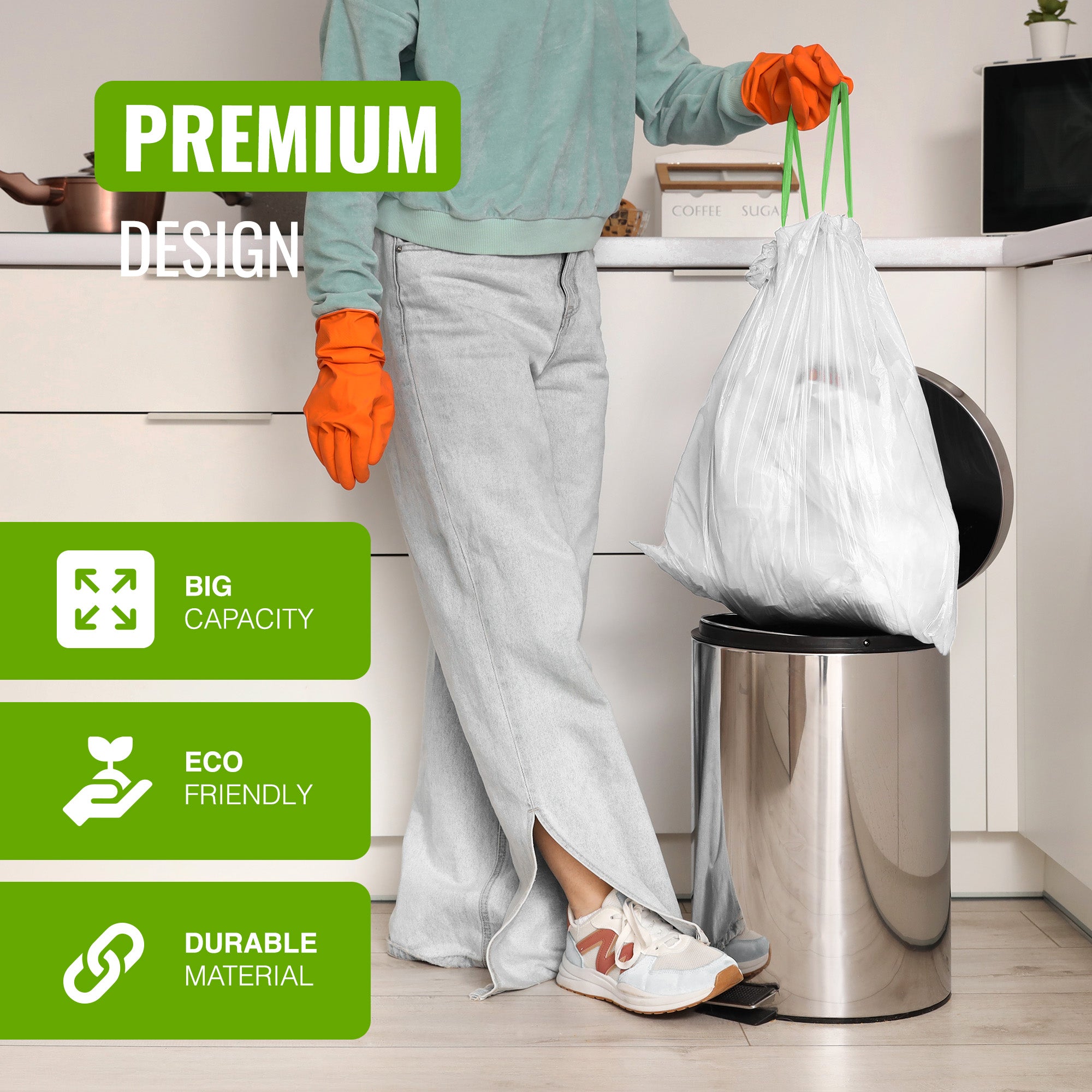 EcoBag - 20 Pack White Kitchen Drawstring Bin Liner - 30L - 25 Micron - Heavy Duty, Extra Strong, Brabantia Compatible, Eco-Friendly, Tear Resistant & Recyclable