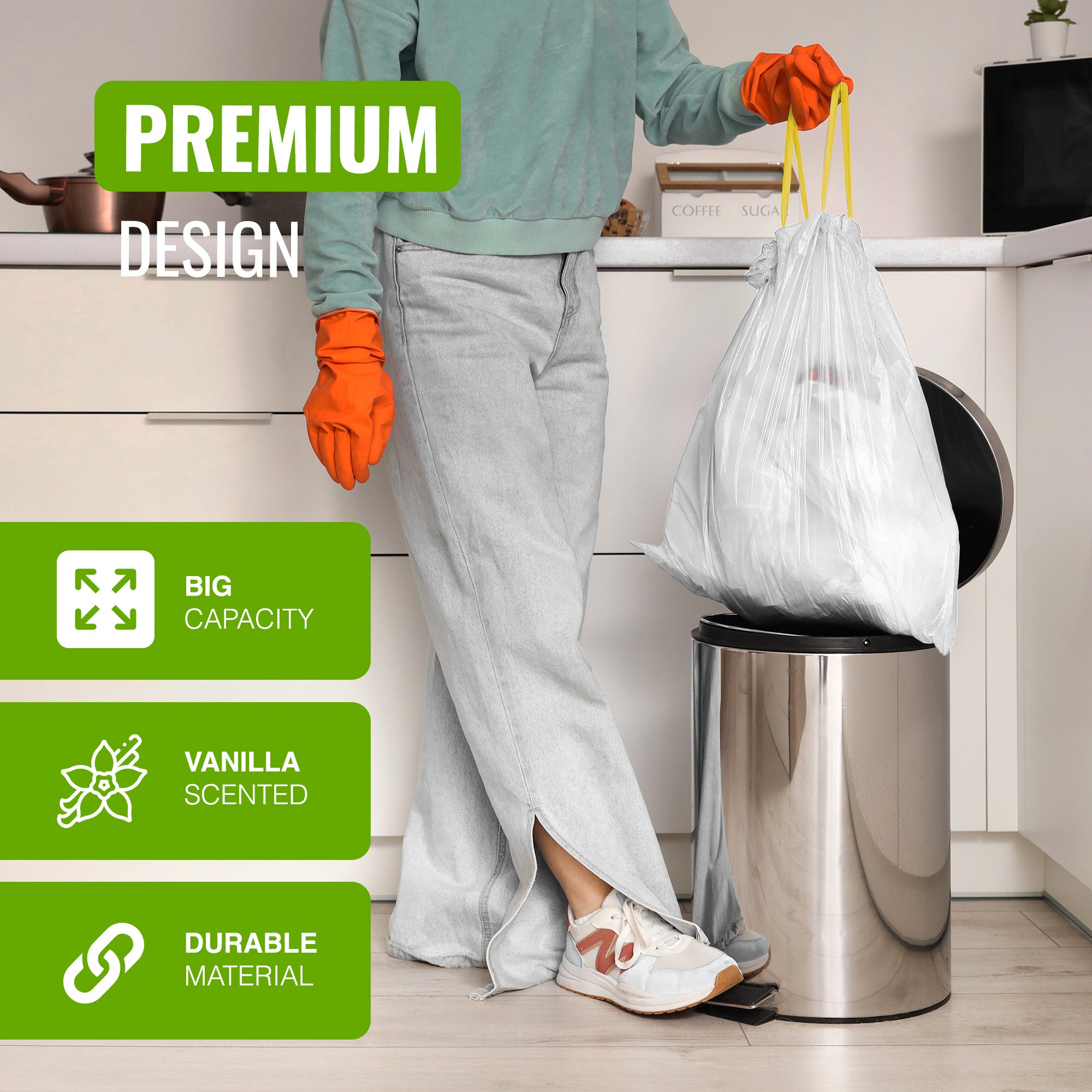 EcoBag - 25 Pack - 15 Micron - Vanilla Scented Ultimate Embossed Kitchen Drawstring Pedal Bin Liners - 30L - Recylable & Eco-Friendly