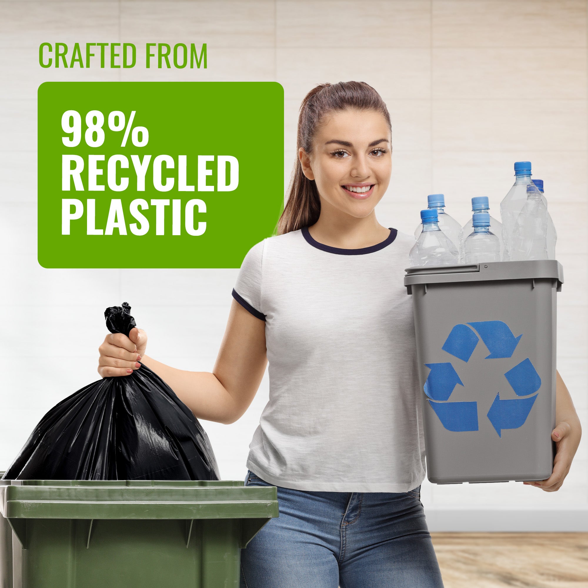 EcoBag - 50 Pack Extra Strong Heavy Duty Refuse Sacks - 100L - 33 Micron - Recyclable Bin Bags, Leak Resistant, Eco-Friendly, Durable Waste Disposal Bags for Household & Commercial Use