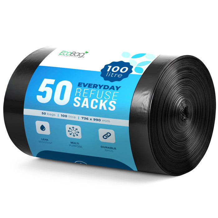 EcoBag - 50 Pack Extra Strong Heavy Duty Refuse Sacks - 100L - 30 Micron - Recyclable Bin Bags, Leak Resistant, Eco-Friendly, Durable Waste Disposal Bags for Household & Commercial Use