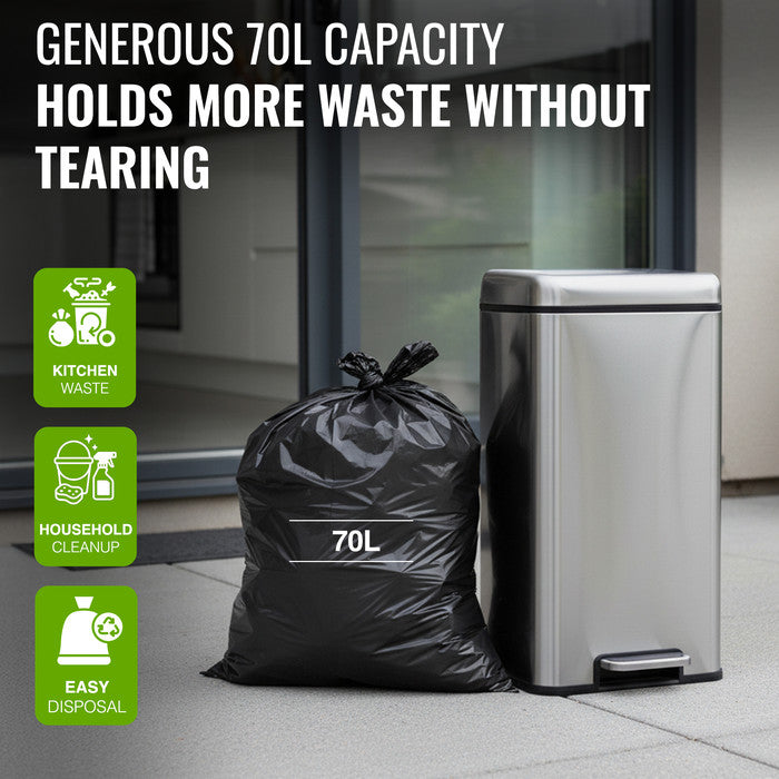 EcoBag - 50 Pack Extra Strong Heavy Duty Refuse Sacks - 70L - 30 Micron - Recyclable Bin Bags, Leak Resistant, Eco-Friendly, Durable Waste Disposal Bags for Household & Commercial Use