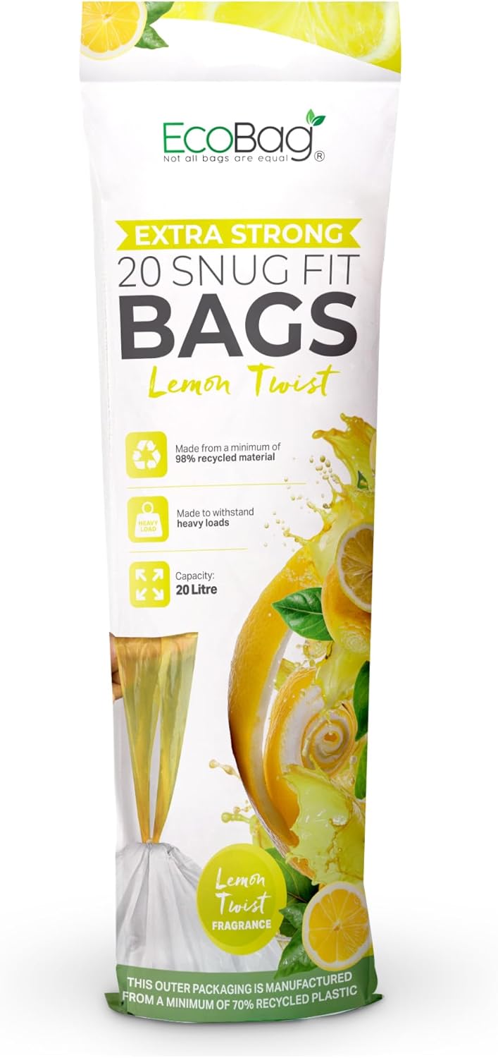 EcoBag - White Kitchen Drawstring Bin Liner - 20L - 24 Micron - Heavy Duty, Extra Strong, Brabantia Compatible, Eco-Friendly, Tear Resistant & Recyclable