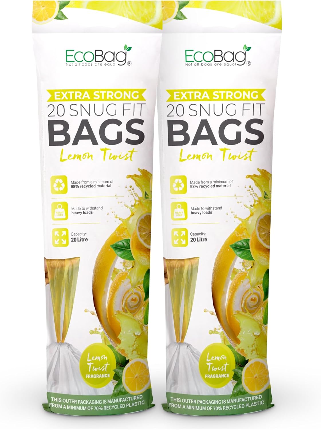 EcoBag - White Kitchen Drawstring Bin Liner - 20L - 24 Micron - Heavy Duty, Extra Strong, Brabantia Compatible, Eco-Friendly, Tear Resistant & Recyclable