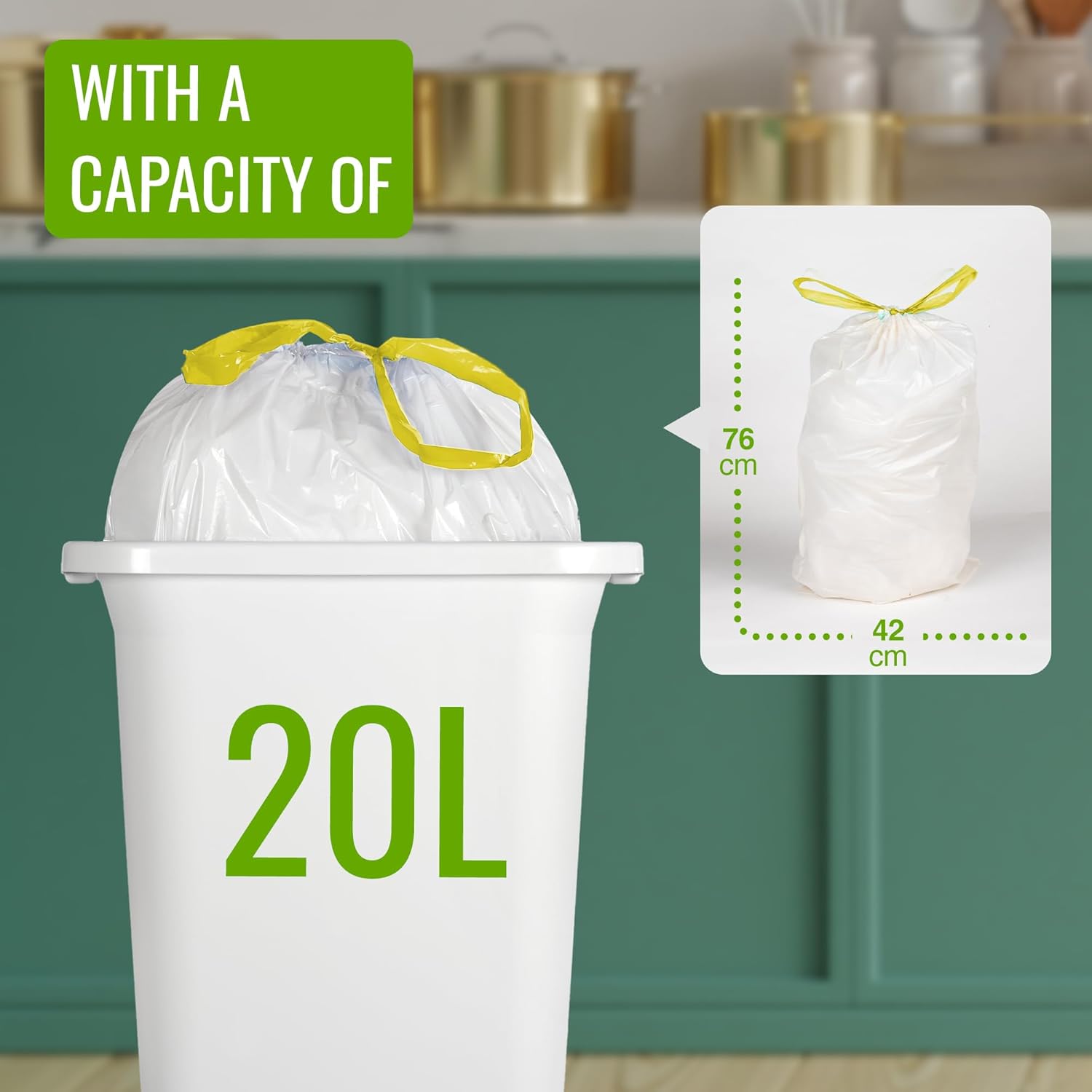 EcoBag - White Kitchen Drawstring Bin Liner - 20L - 24 Micron - Heavy Duty, Extra Strong, Brabantia Compatible, Eco-Friendly, Tear Resistant & Recyclable