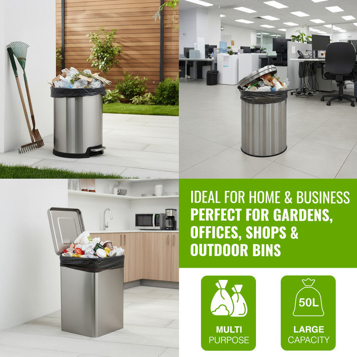 EcoBag - 50 Pack Extra Strong Heavy Duty Refuse Sacks - 50L - 30 Micron - Recyclable Bin Bags, Leak Resistant, Eco-Friendly, Durable Waste Disposal Bags for Household & Commercial Use